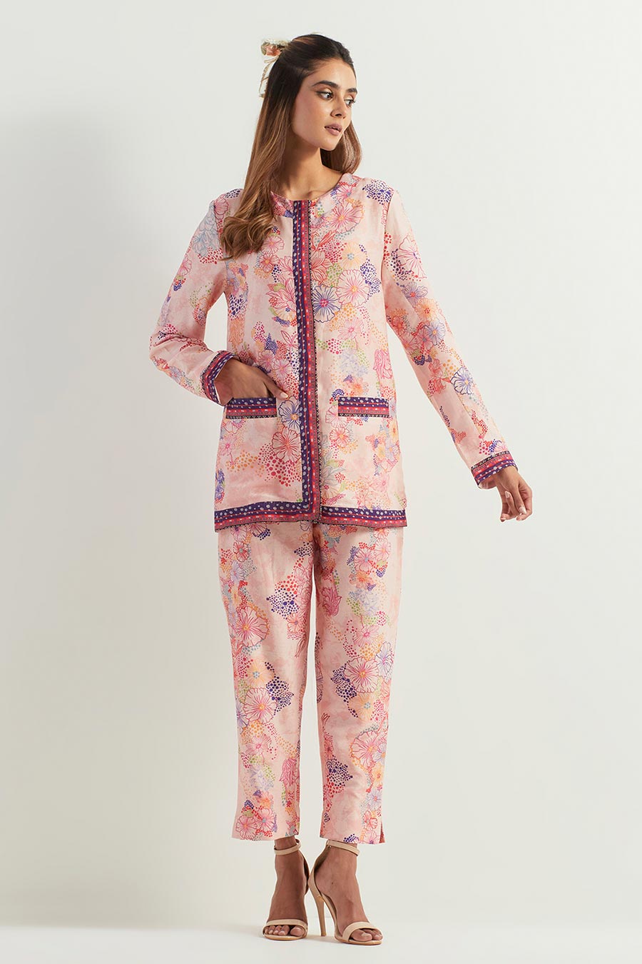 Printed Chanderi Silk Jacket & Pant Co-Ord Set
