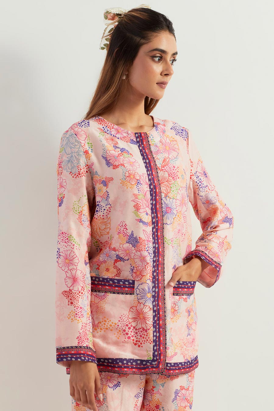 Printed Chanderi Silk Jacket & Pant Co-Ord Set