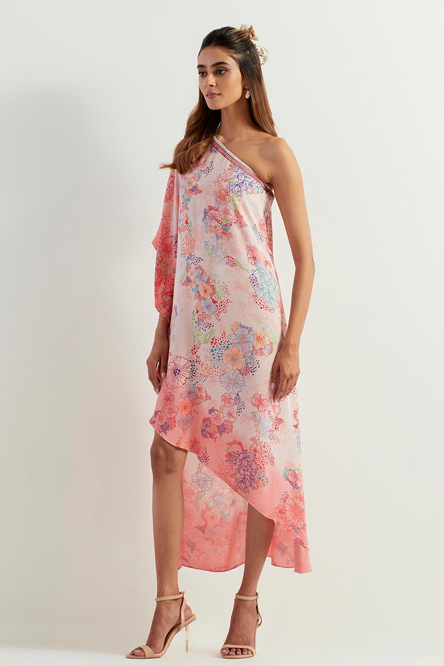 Ombre Printed One-Shoulder Kaftan Dress