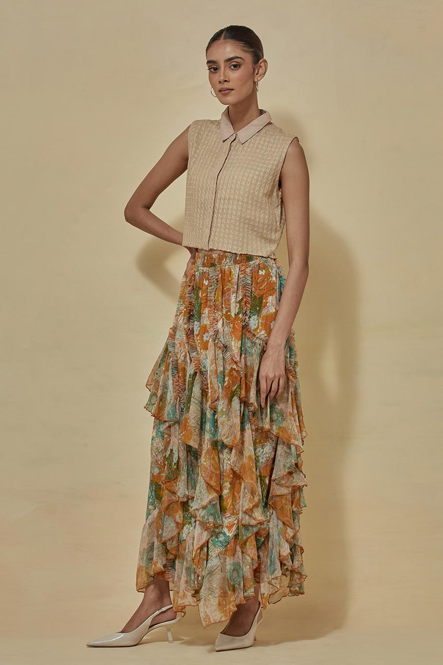 Beige Crop Shirt With Printed Chiffon Skirt