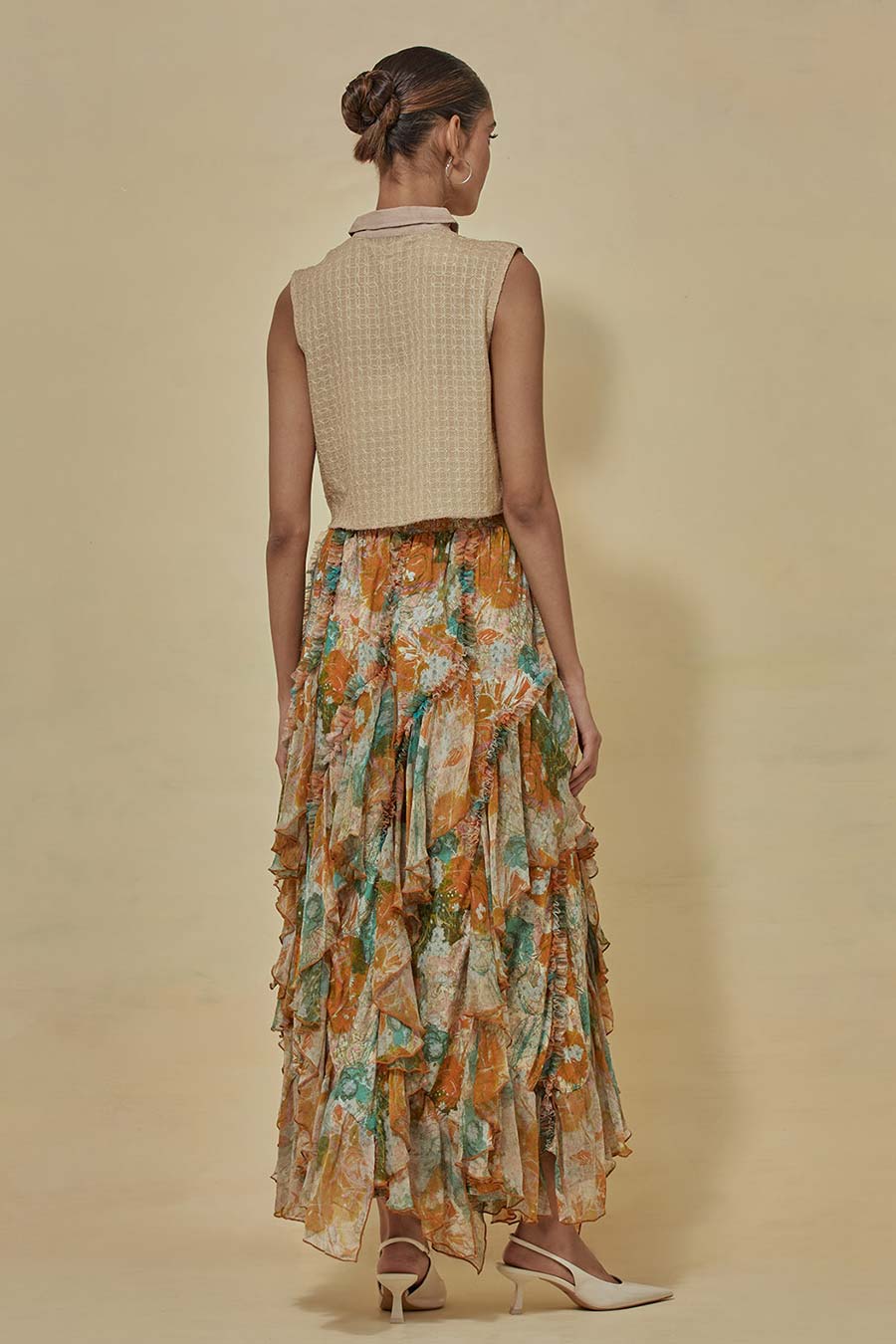 Beige Crop Shirt With Printed Chiffon Skirt