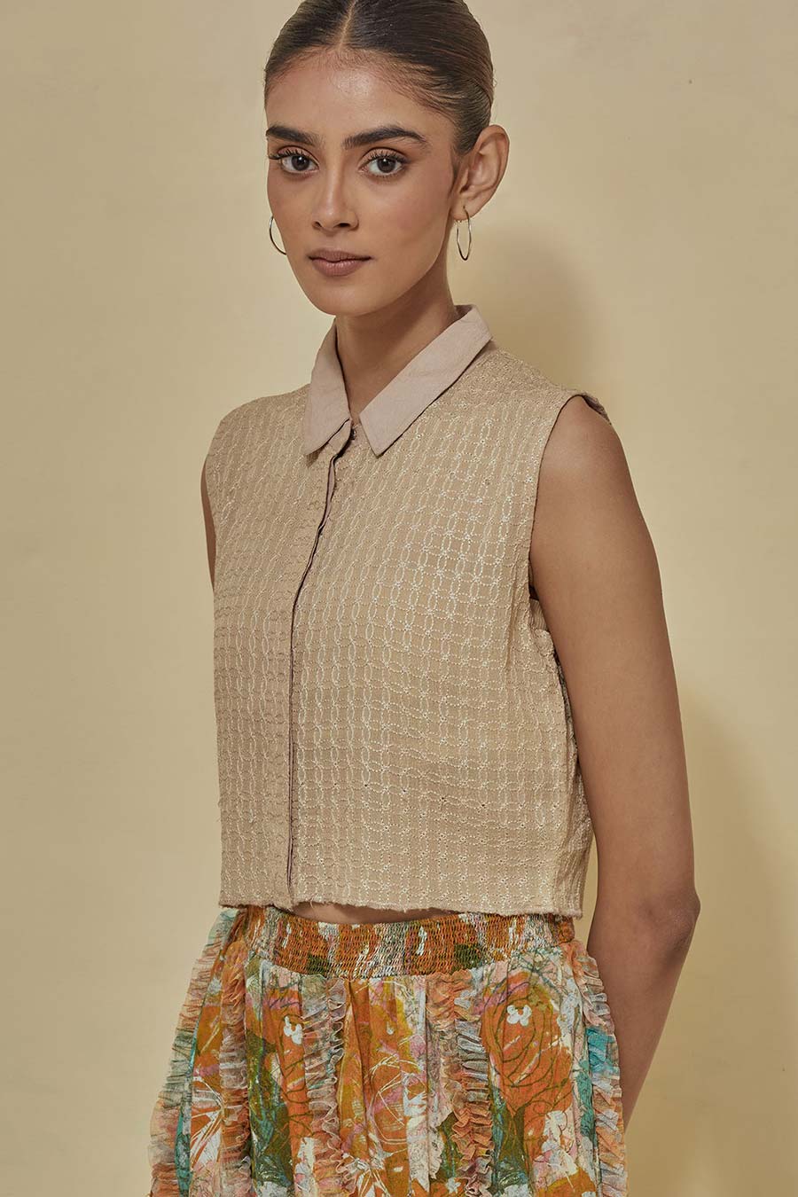 Beige Crop Shirt With Printed Chiffon Skirt