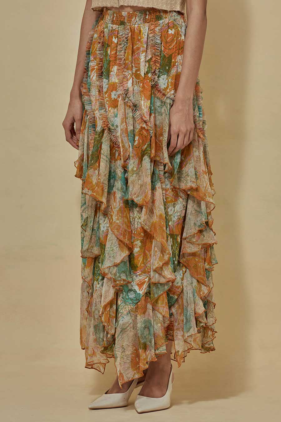 Beige Crop Shirt With Printed Chiffon Skirt