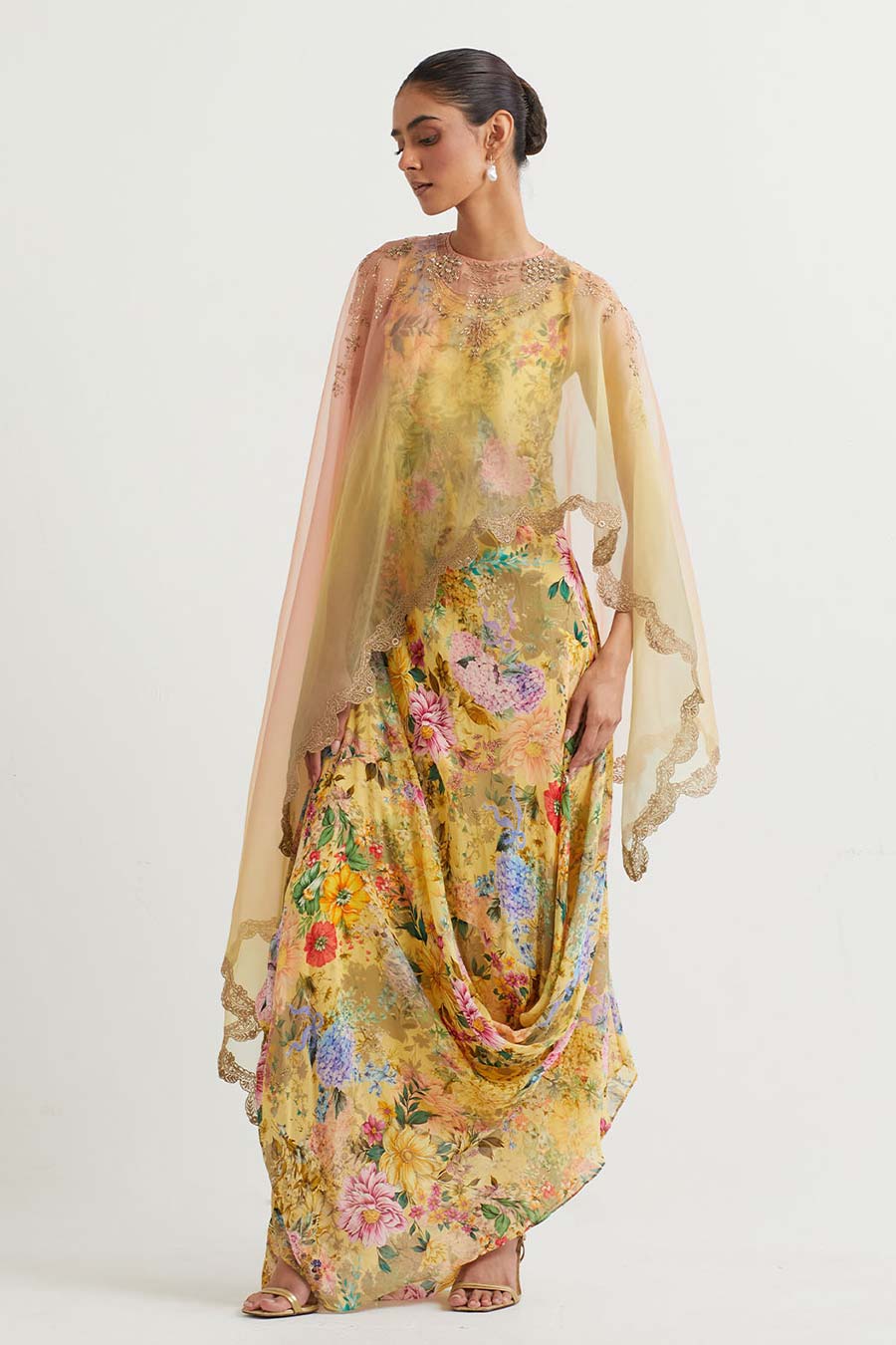 Yellow Embroidered Cape With Printed Drape Dress
