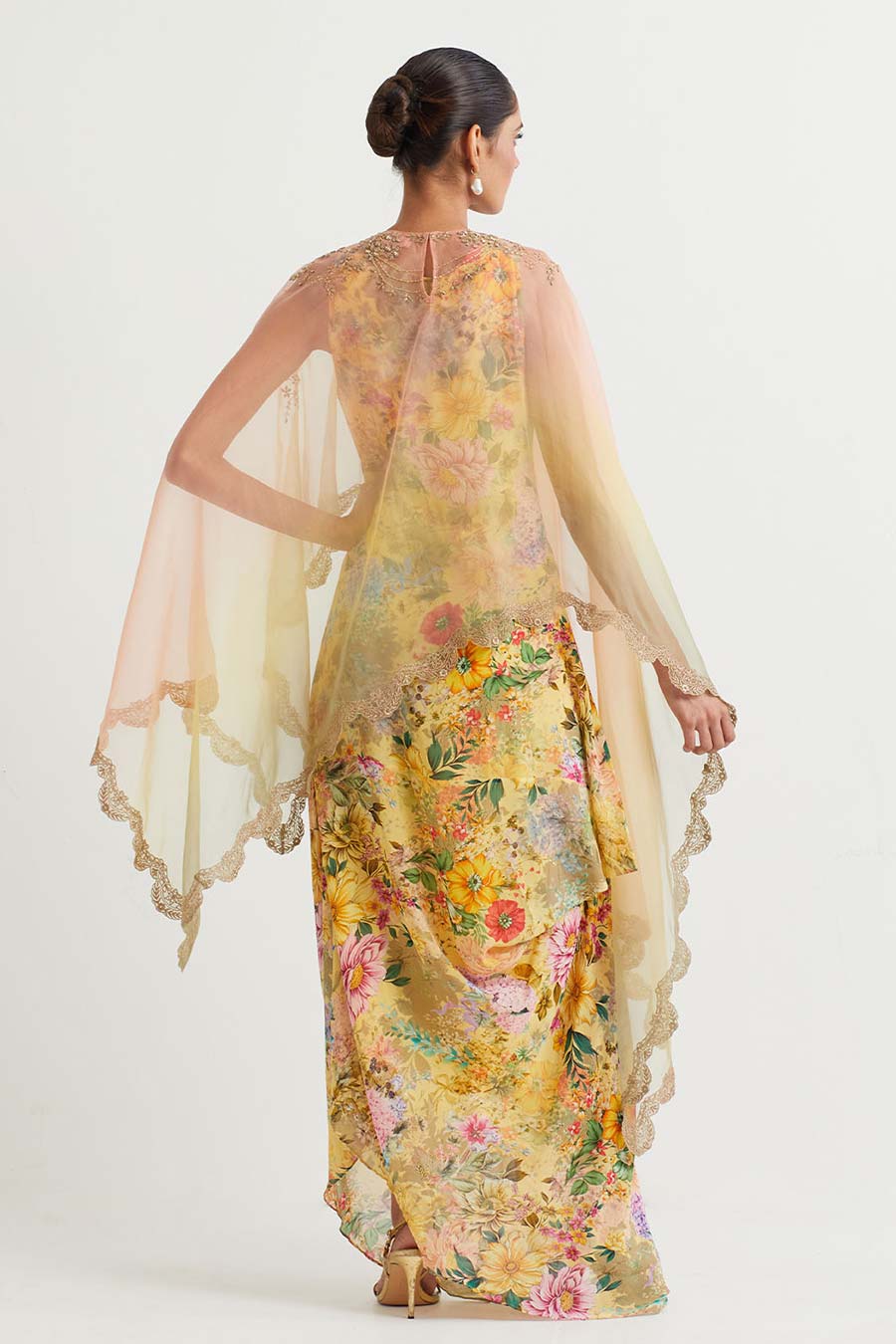 Yellow Embroidered Cape With Printed Drape Dress