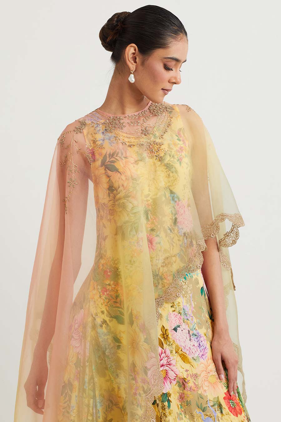 Yellow Embroidered Cape With Printed Drape Dress