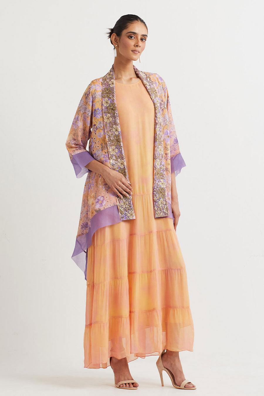 Coral Embroidered Jacket With Printed Dress