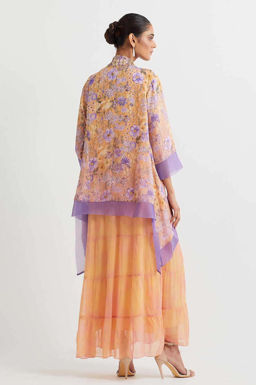 Coral Embroidered Jacket With Printed Dress