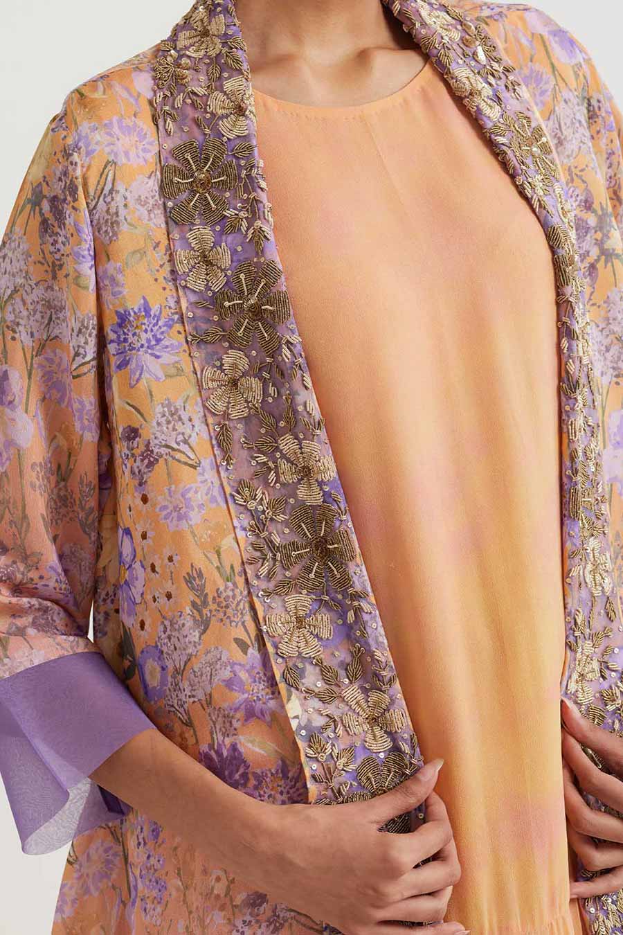Coral Embroidered Jacket With Printed Dress