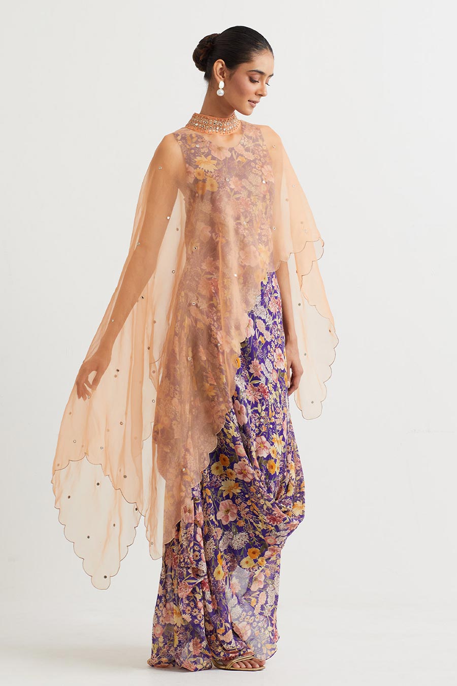 Peach Embroidered Cape With Printed Drape Dress