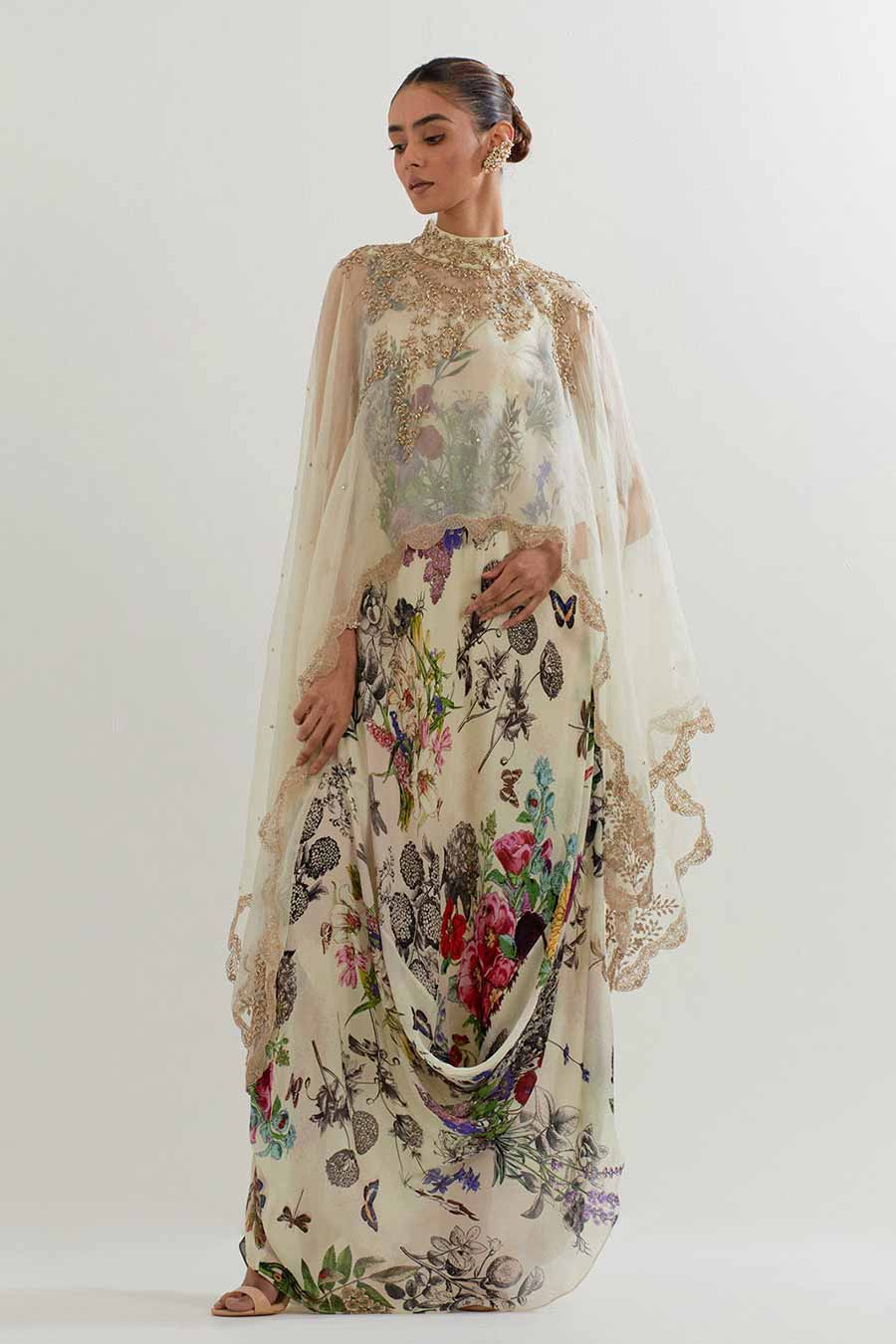 Embroidered Organza Cape & Printed Drape Dress Set