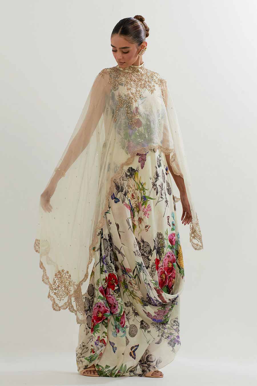 Embroidered Organza Cape & Printed Drape Dress Set