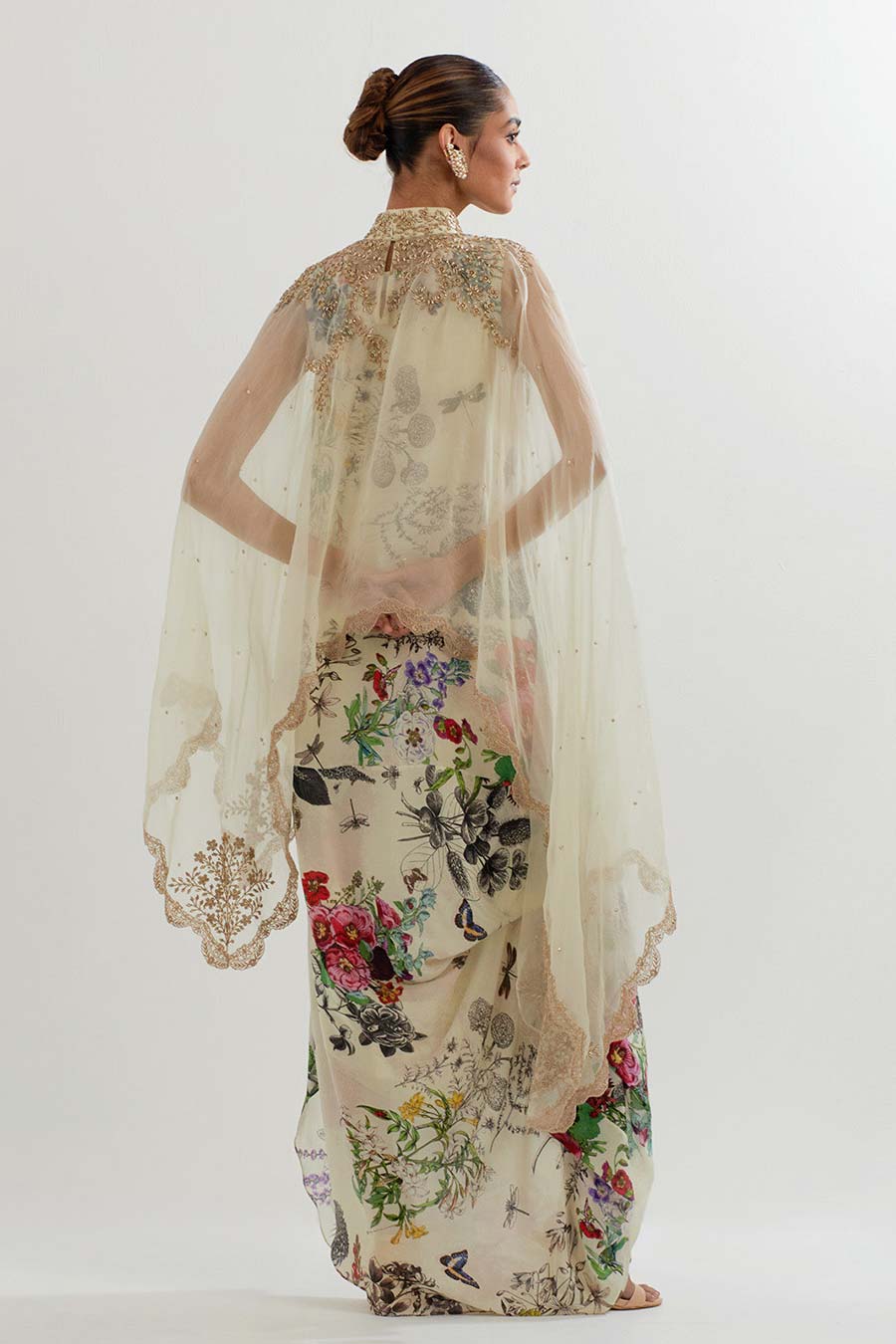 Embroidered Organza Cape & Printed Drape Dress Set