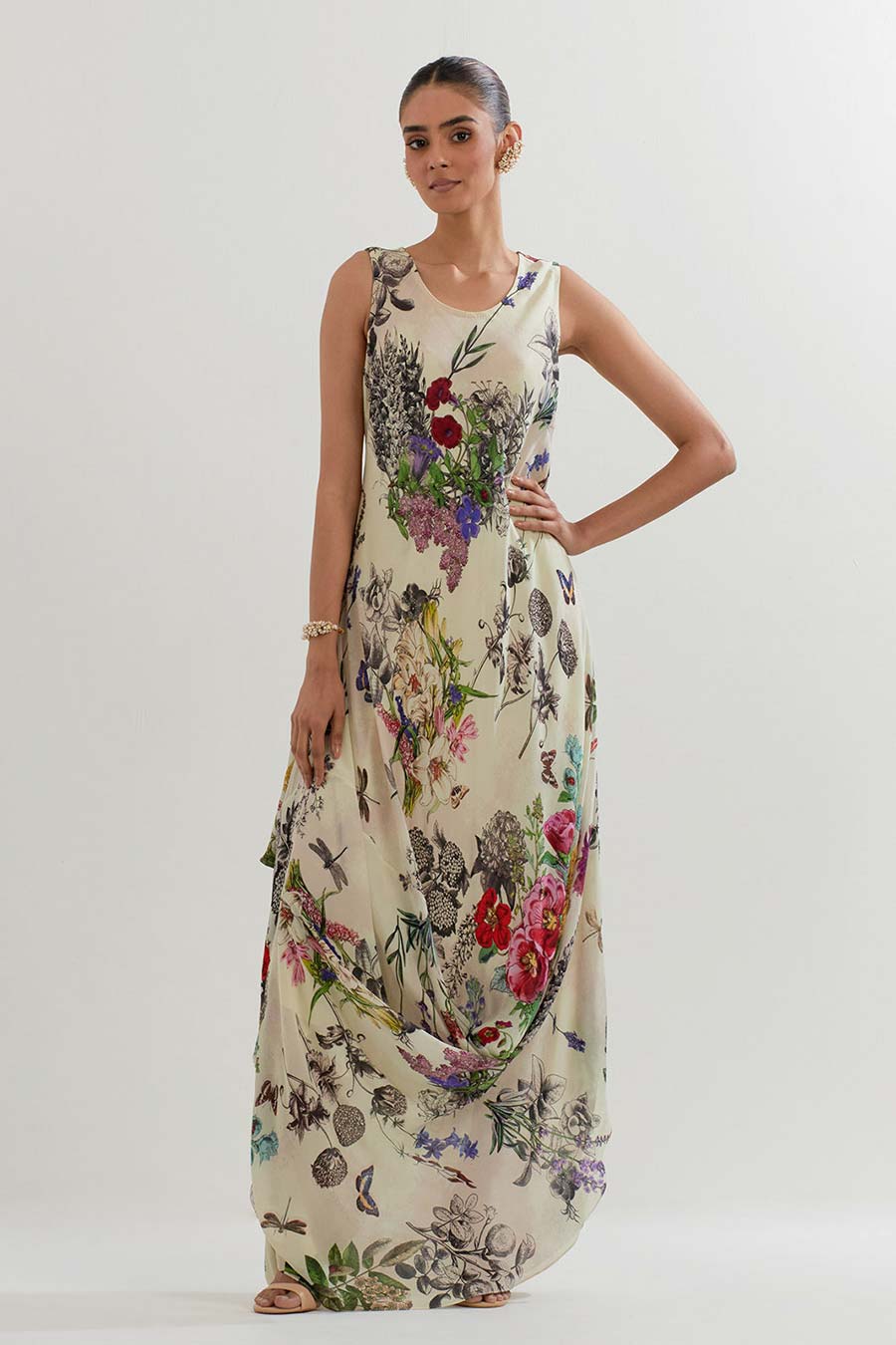 Embroidered Organza Cape & Printed Drape Dress Set