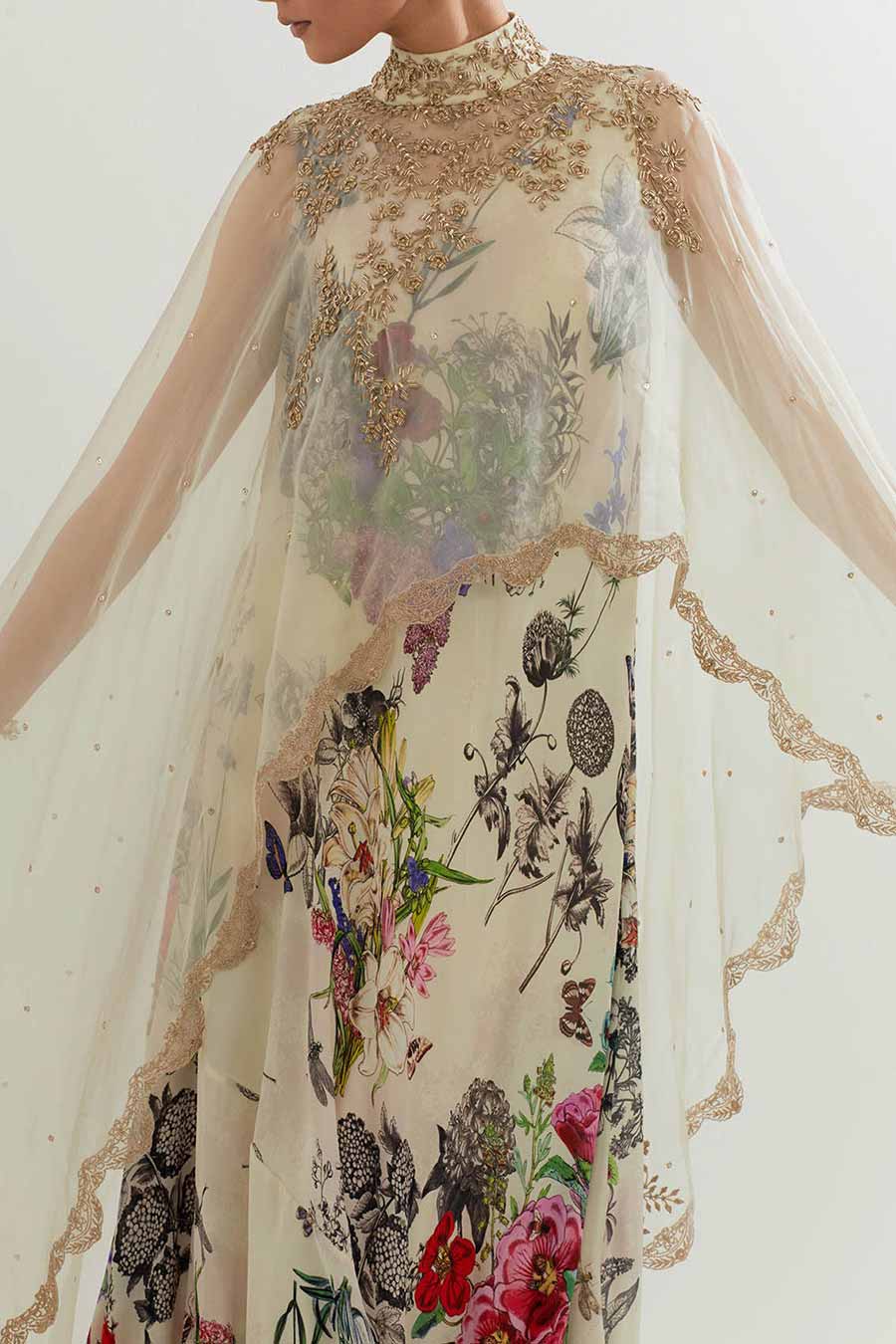Embroidered Organza Cape & Printed Drape Dress Set