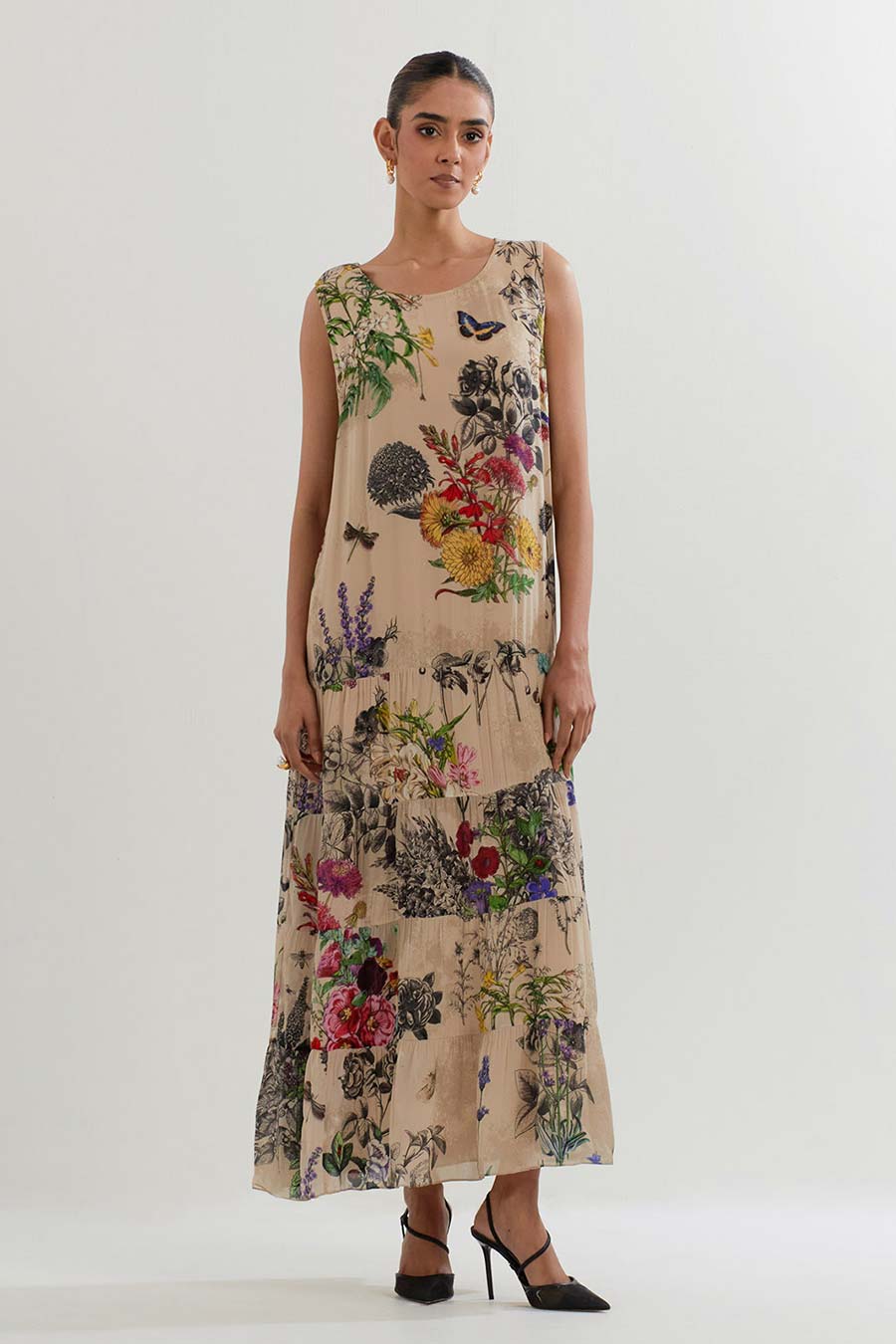 Embroidered Cape & Botanical Printed Dress Set