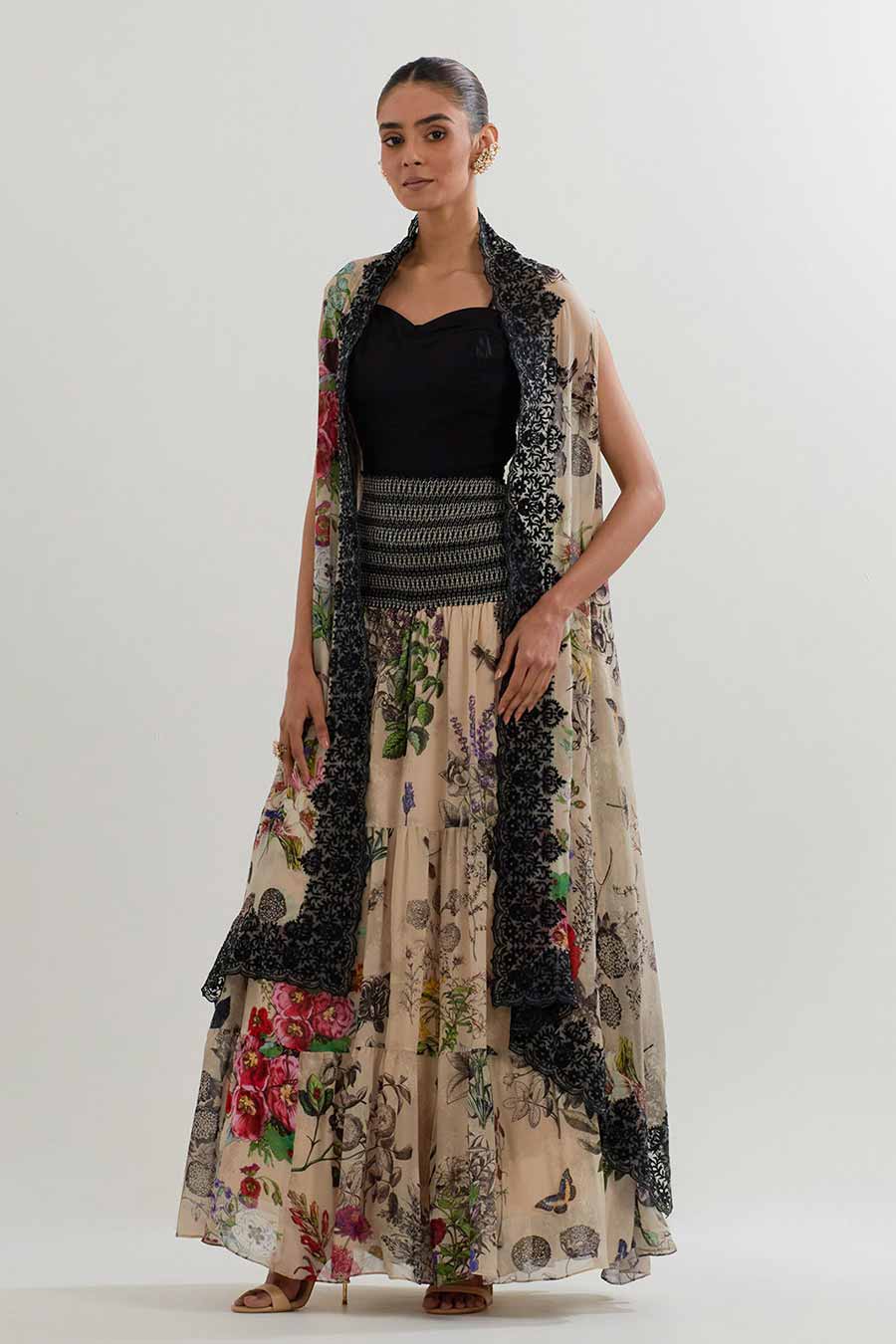 Printed Skirt Co-Ord Set With Long Cape