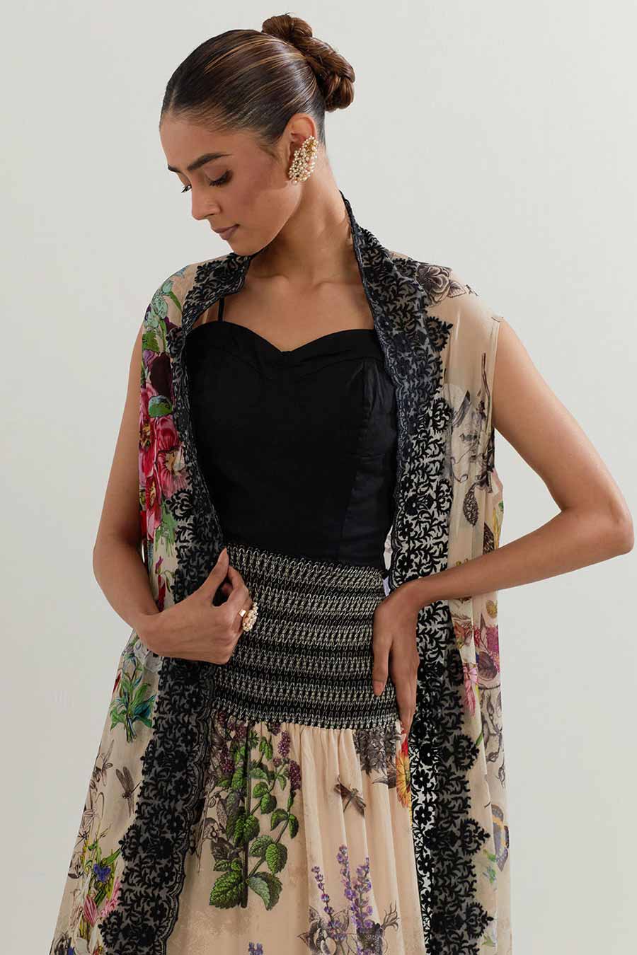 Printed Skirt Co-Ord Set With Long Cape
