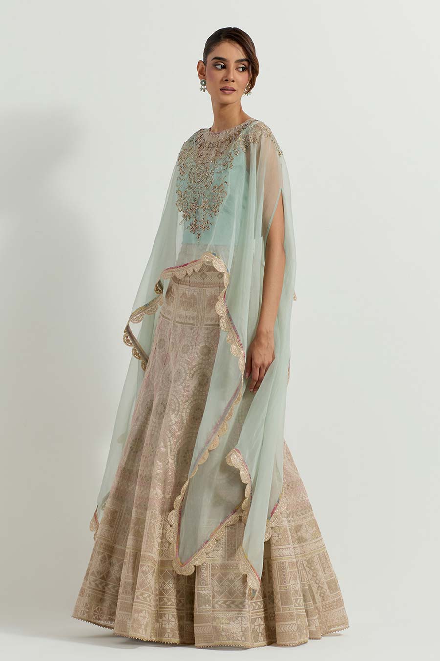 Raeth Sage Embroidered Cape & Tissue Lehenga Set