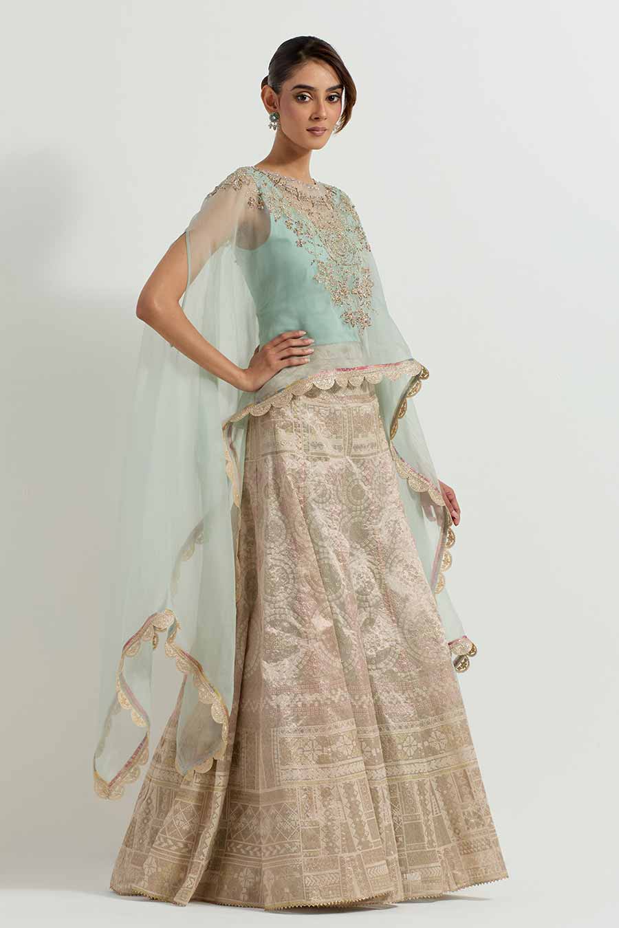 Raeth Sage Embroidered Cape & Tissue Lehenga Set