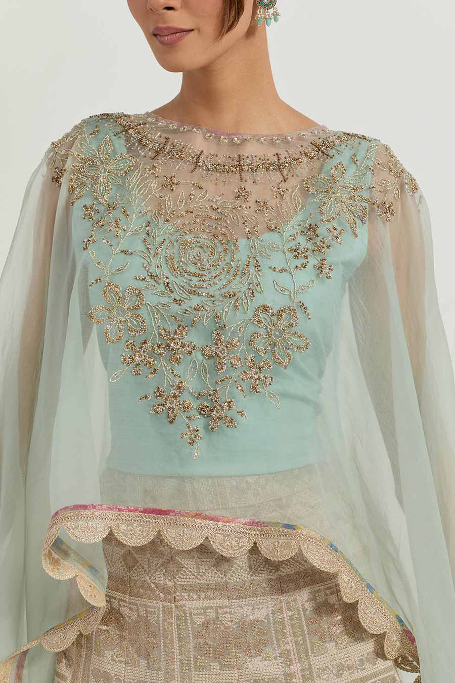 Raeth Sage Embroidered Cape & Tissue Lehenga Set