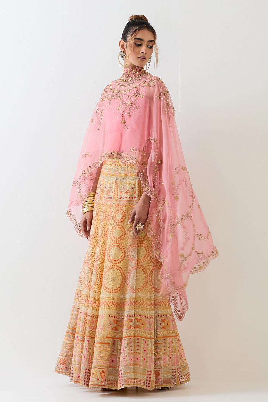 Pink Embroidered Cape & Cross Stitch Lehenga Skirt Set