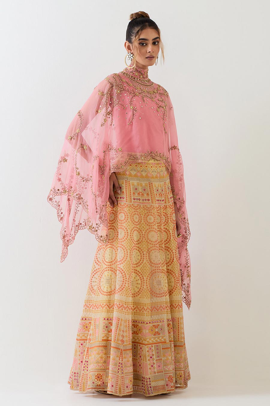 Pink Embroidered Cape & Cross Stitch Lehenga Skirt Set