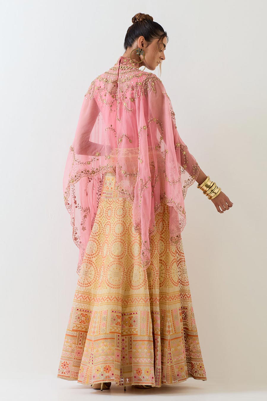 Pink Embroidered Cape & Cross Stitch Lehenga Skirt Set
