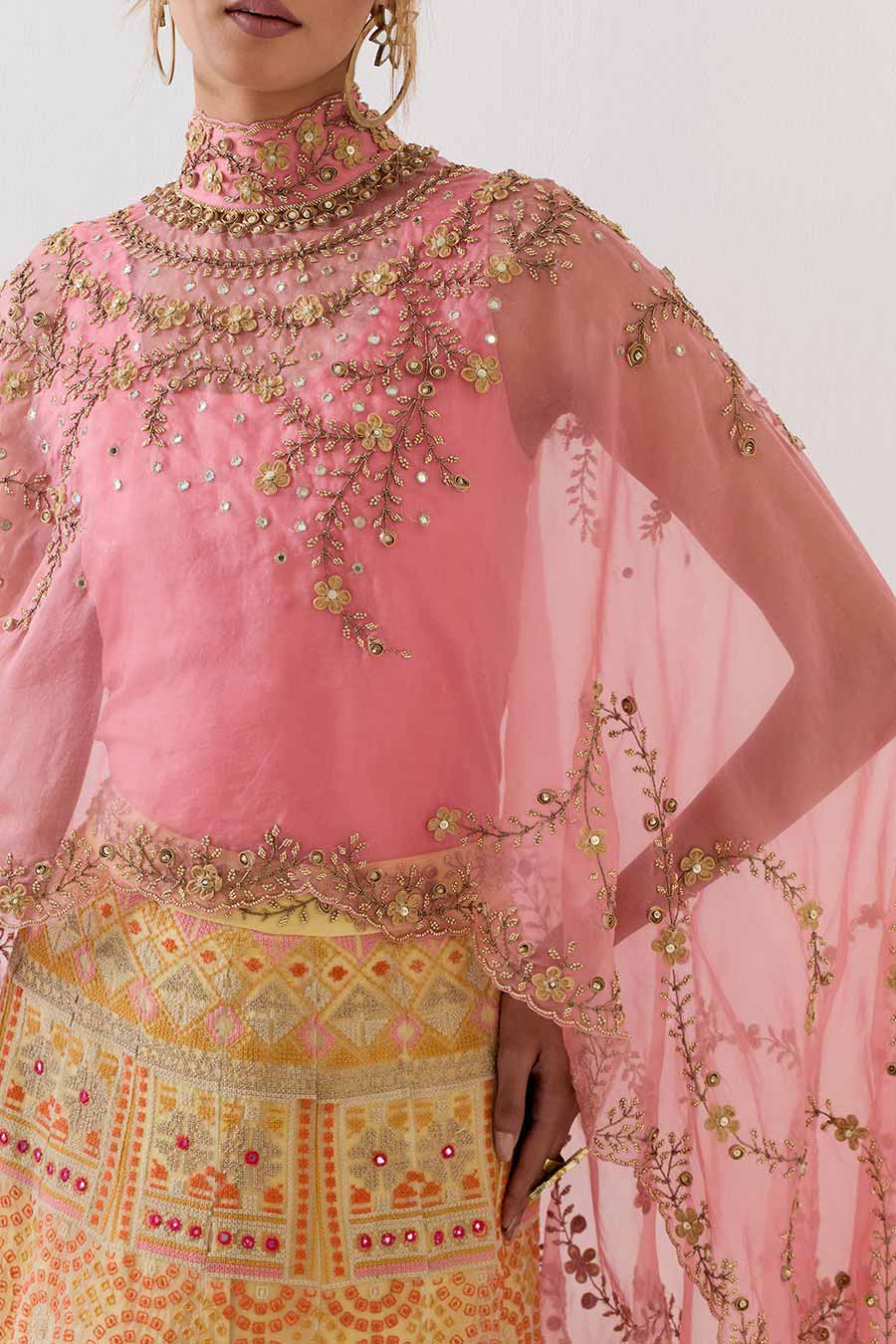 Pink Embroidered Cape & Cross Stitch Lehenga Skirt Set
