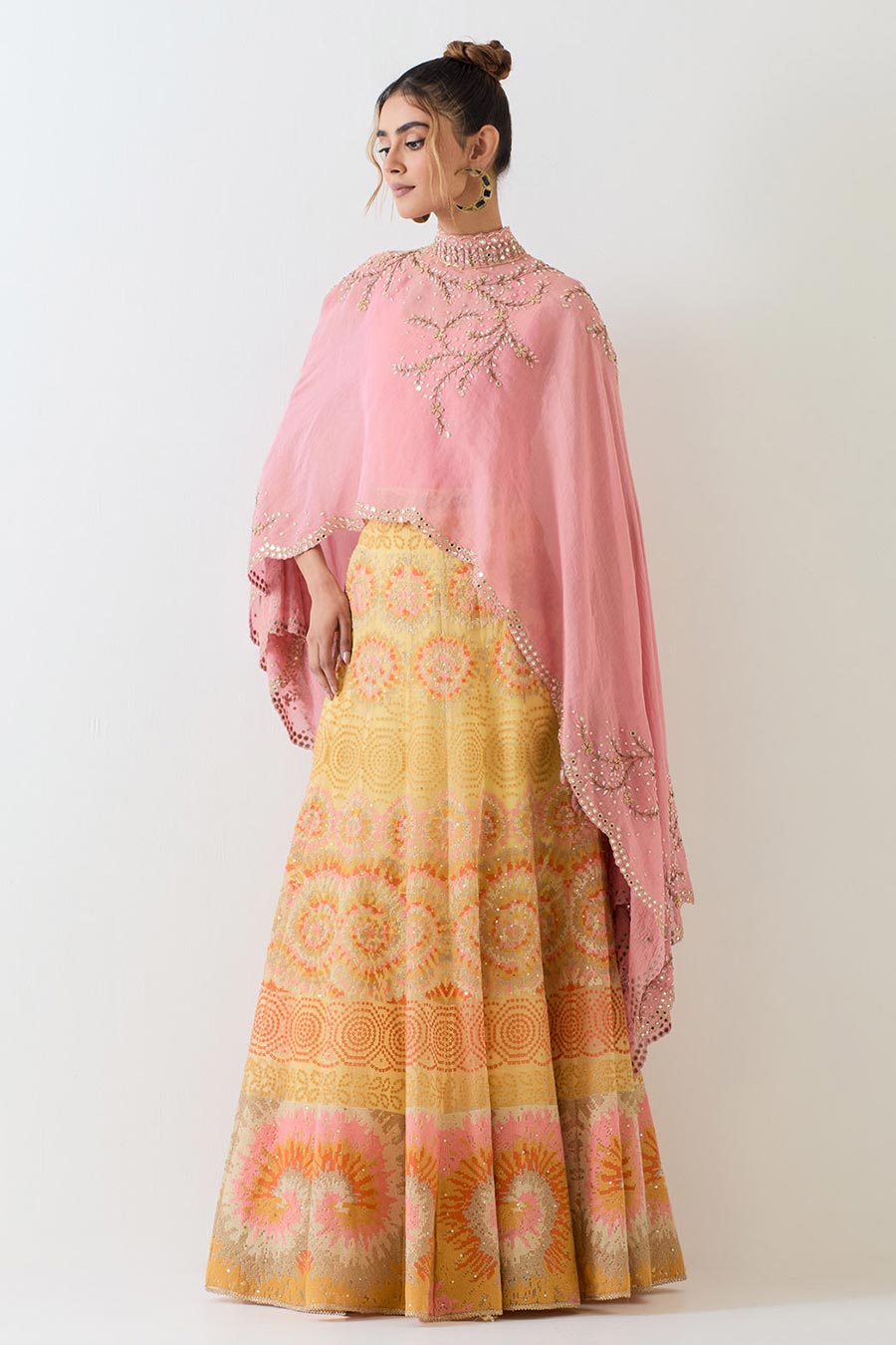 Pink Embroidered Cape & Cross Stitch Lehenga Skirt Set