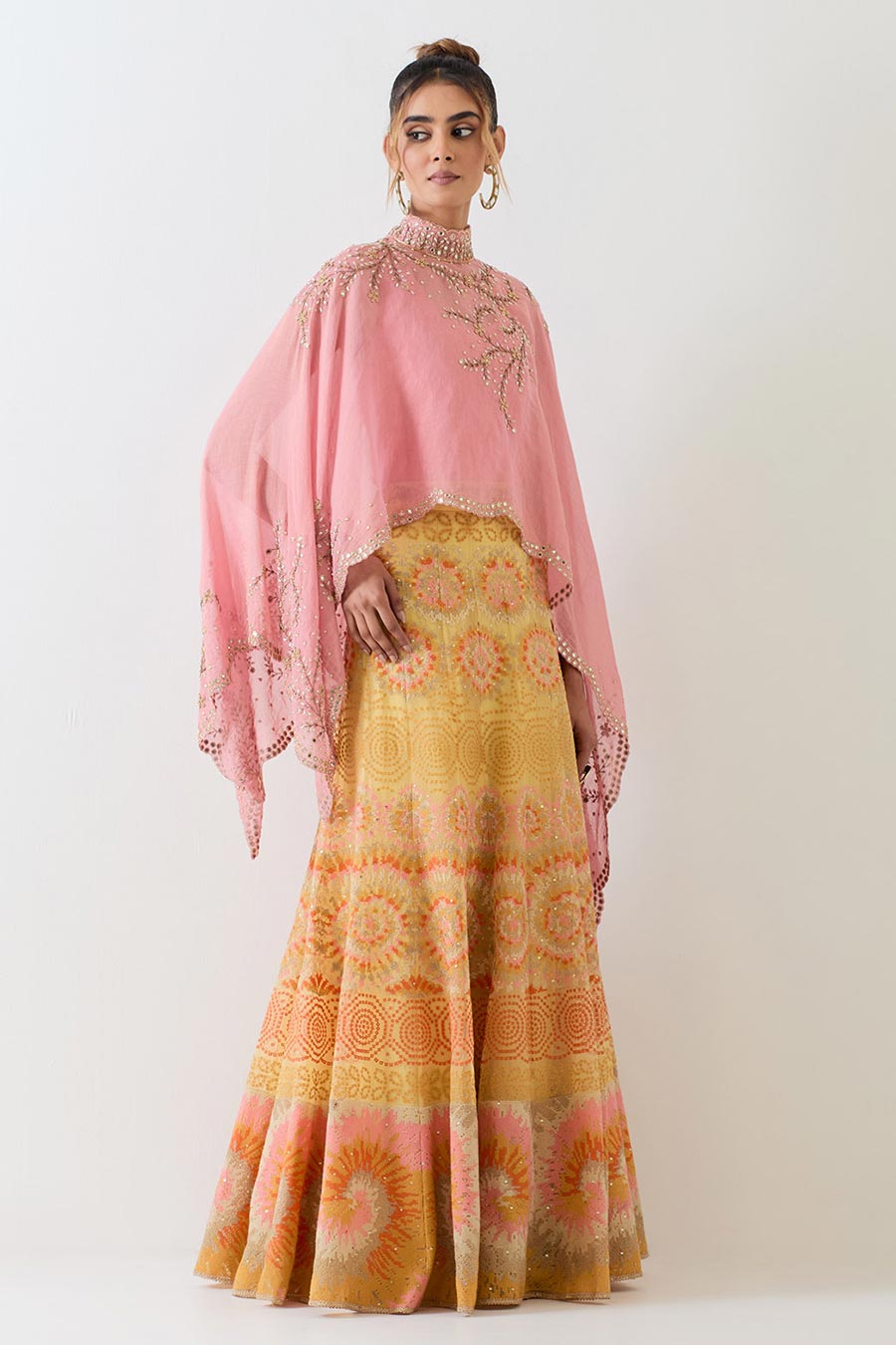 Pink Embroidered Cape & Cross Stitch Lehenga Skirt Set