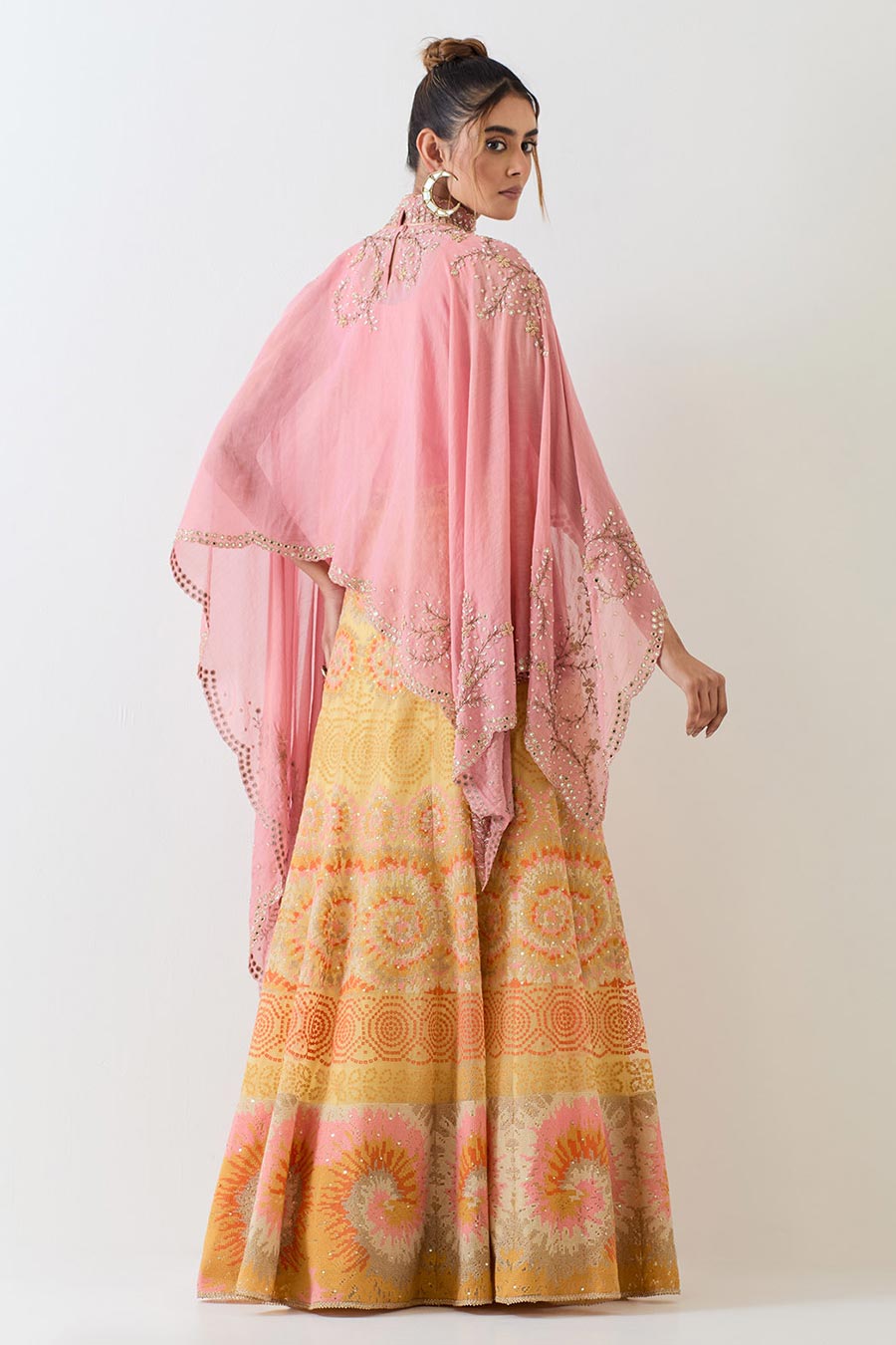 Pink Embroidered Cape & Cross Stitch Lehenga Skirt Set