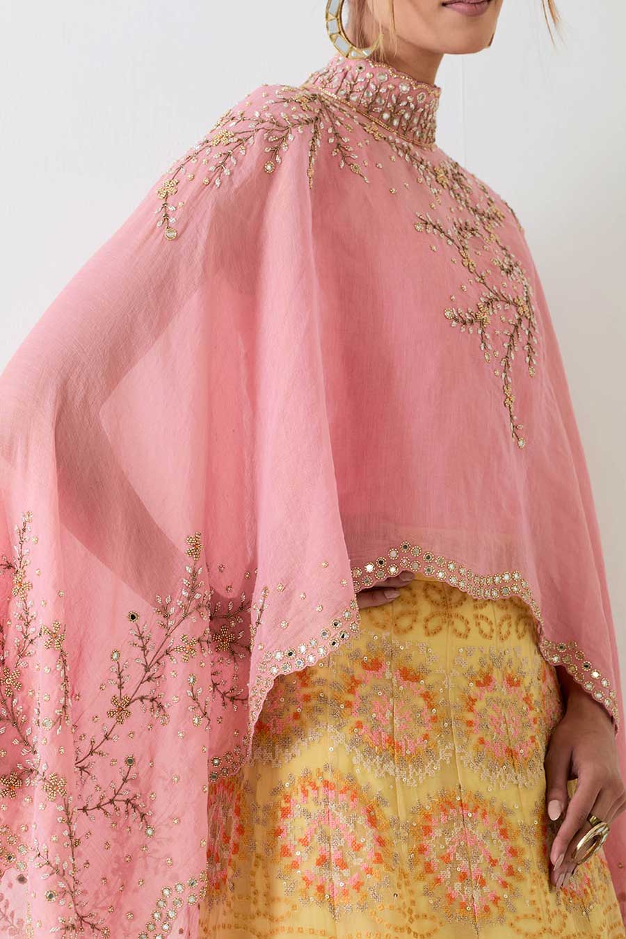 Pink Embroidered Cape & Cross Stitch Lehenga Skirt Set