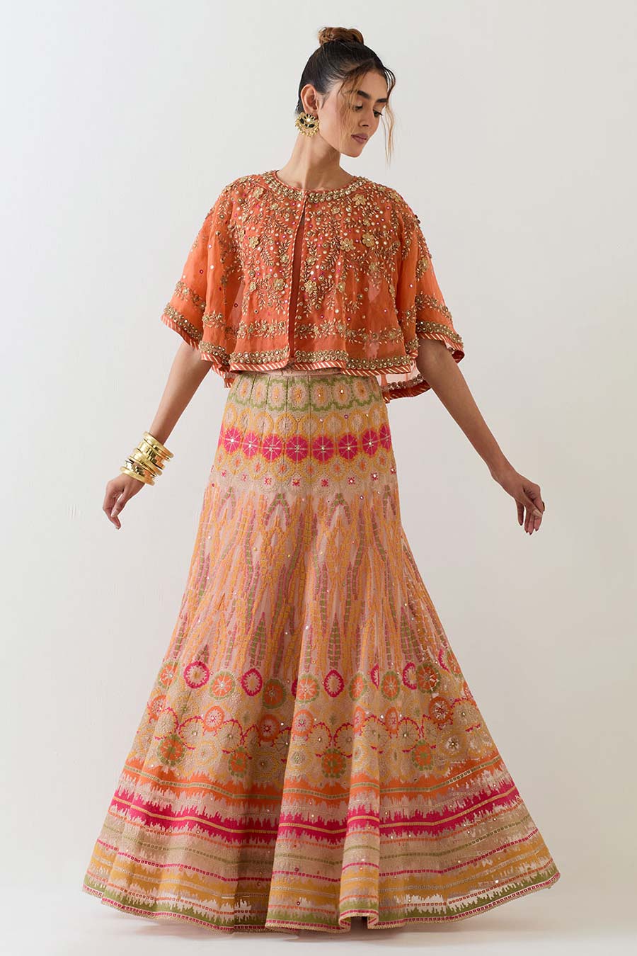 Orange Embroidered Cape & Cross Stitch Lehenga Skirt Set