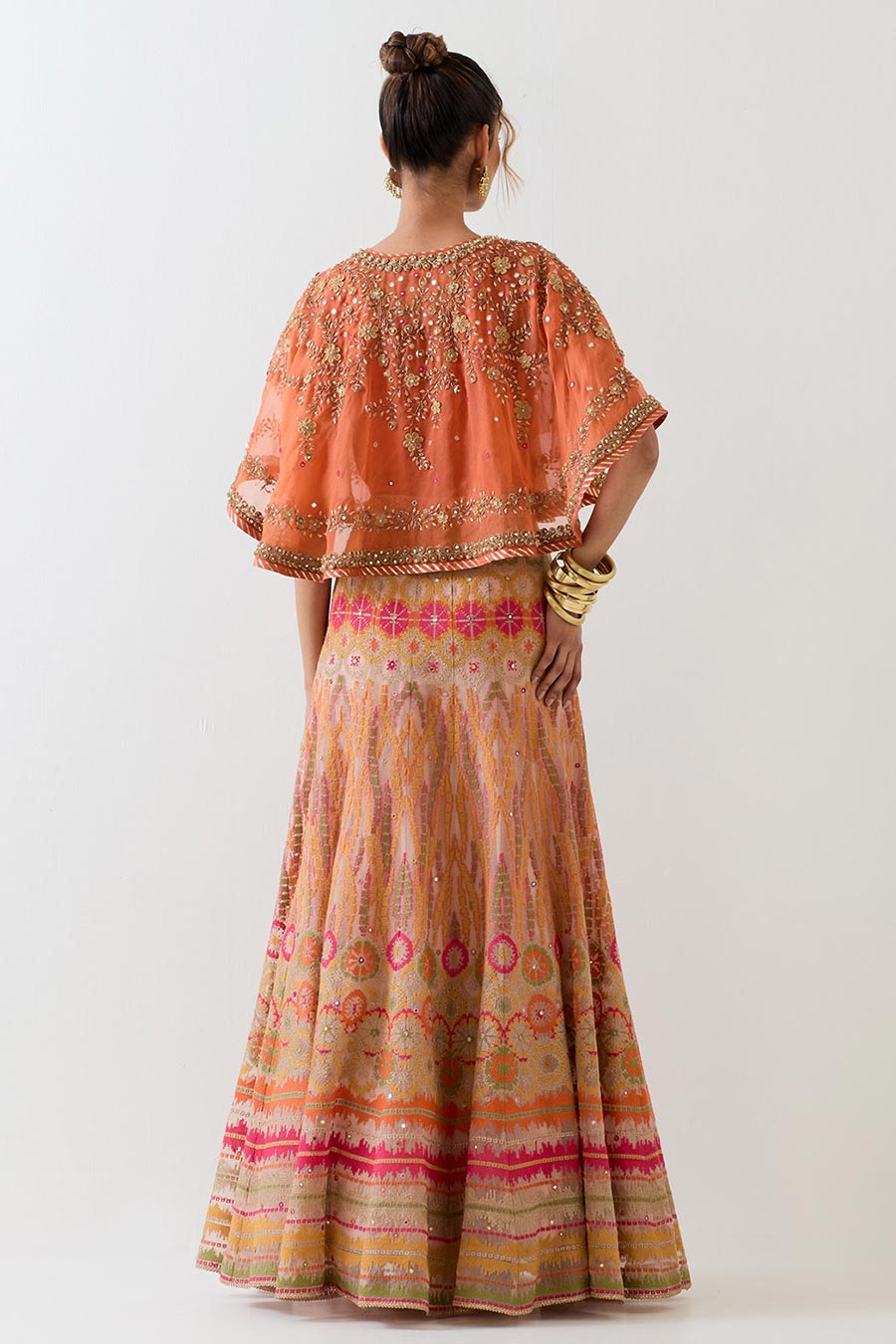 Orange Embroidered Cape & Cross Stitch Lehenga Skirt Set