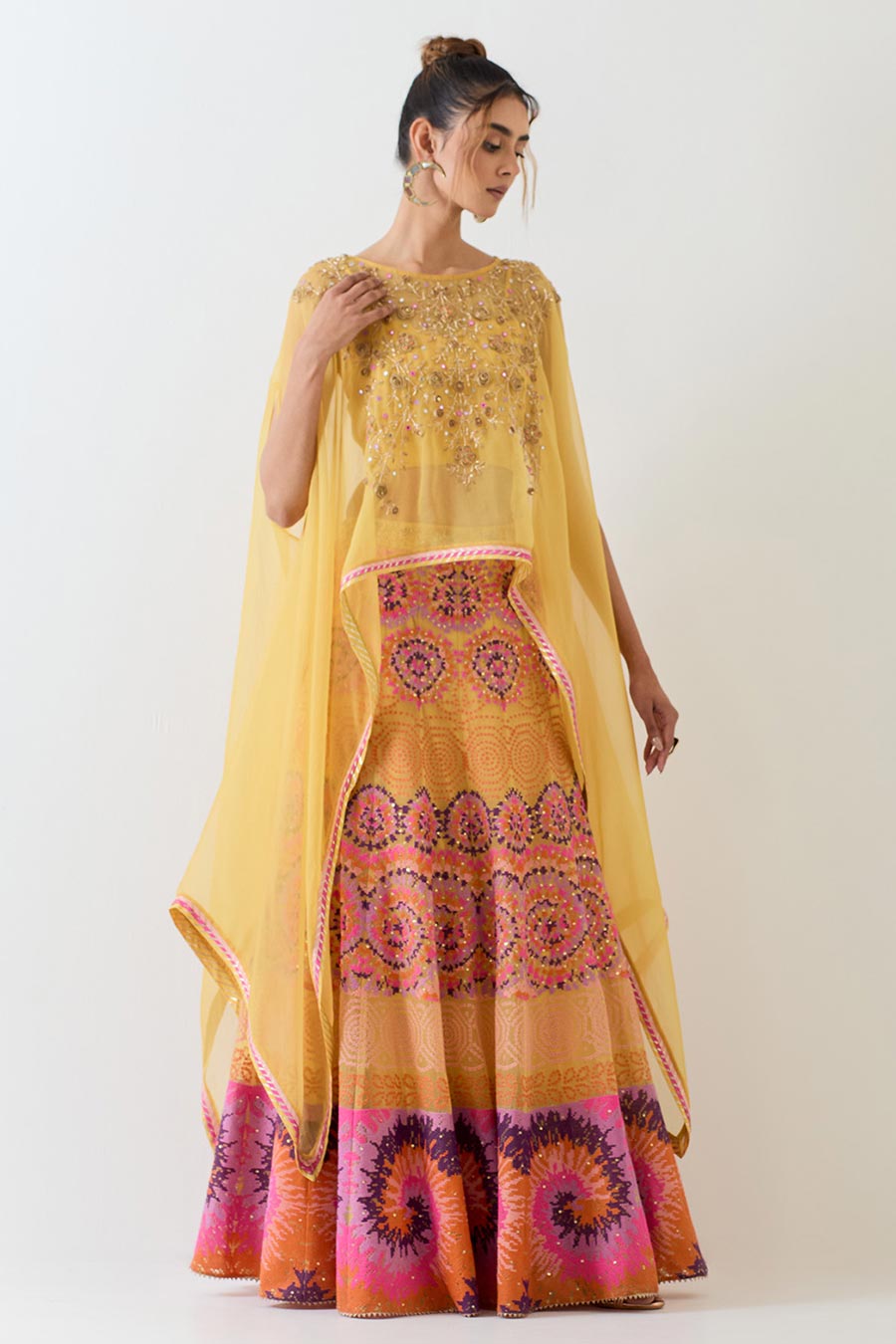 Yellow Embroidered Cape & Cross Stitch Lehenga Skirt Set