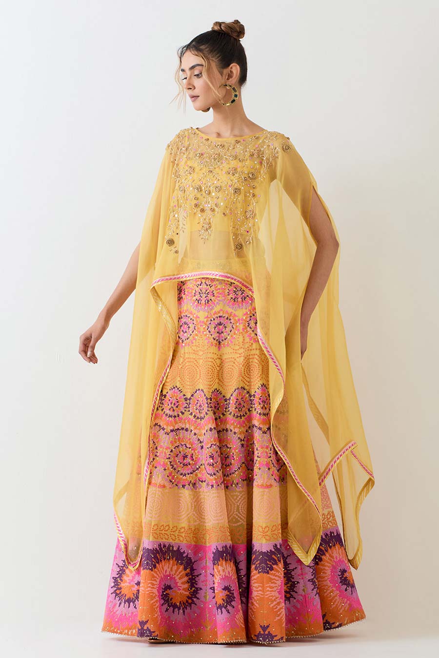 Yellow Embroidered Cape & Cross Stitch Lehenga Skirt Set