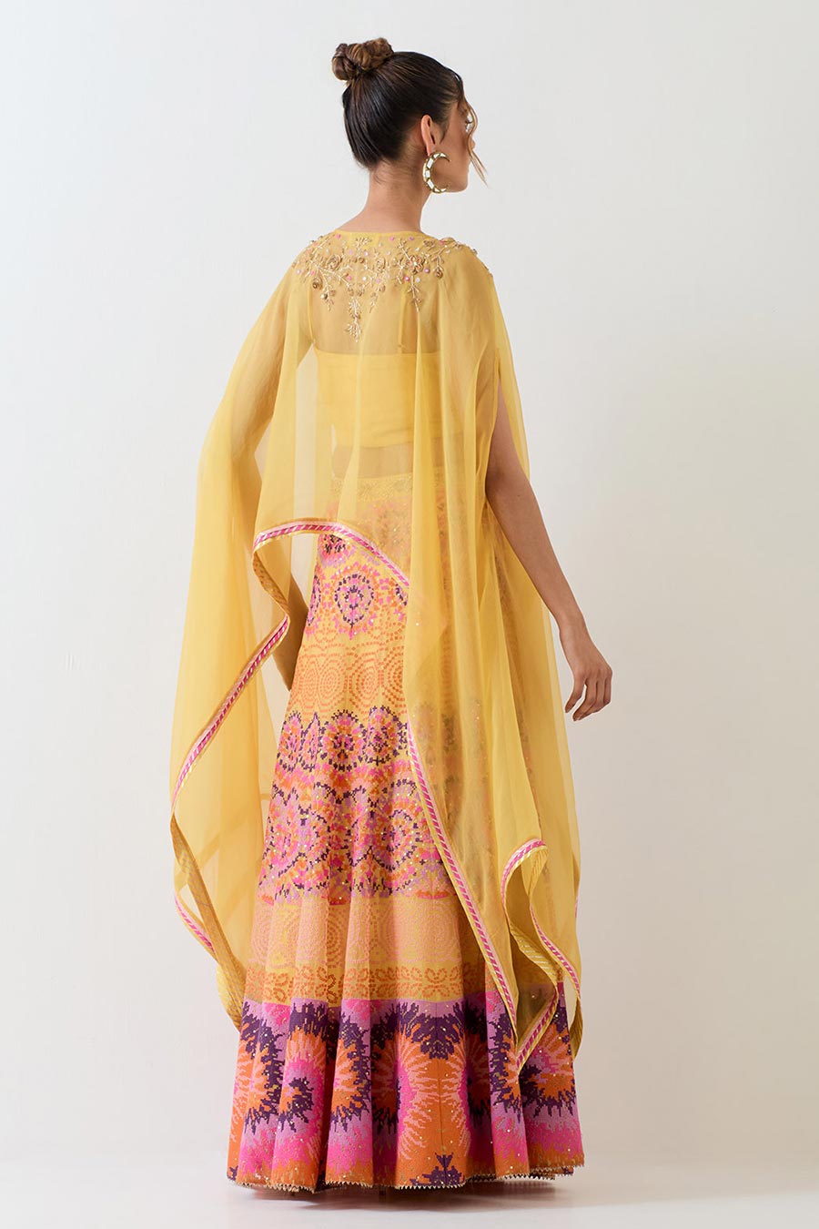 Yellow Embroidered Cape & Cross Stitch Lehenga Skirt Set