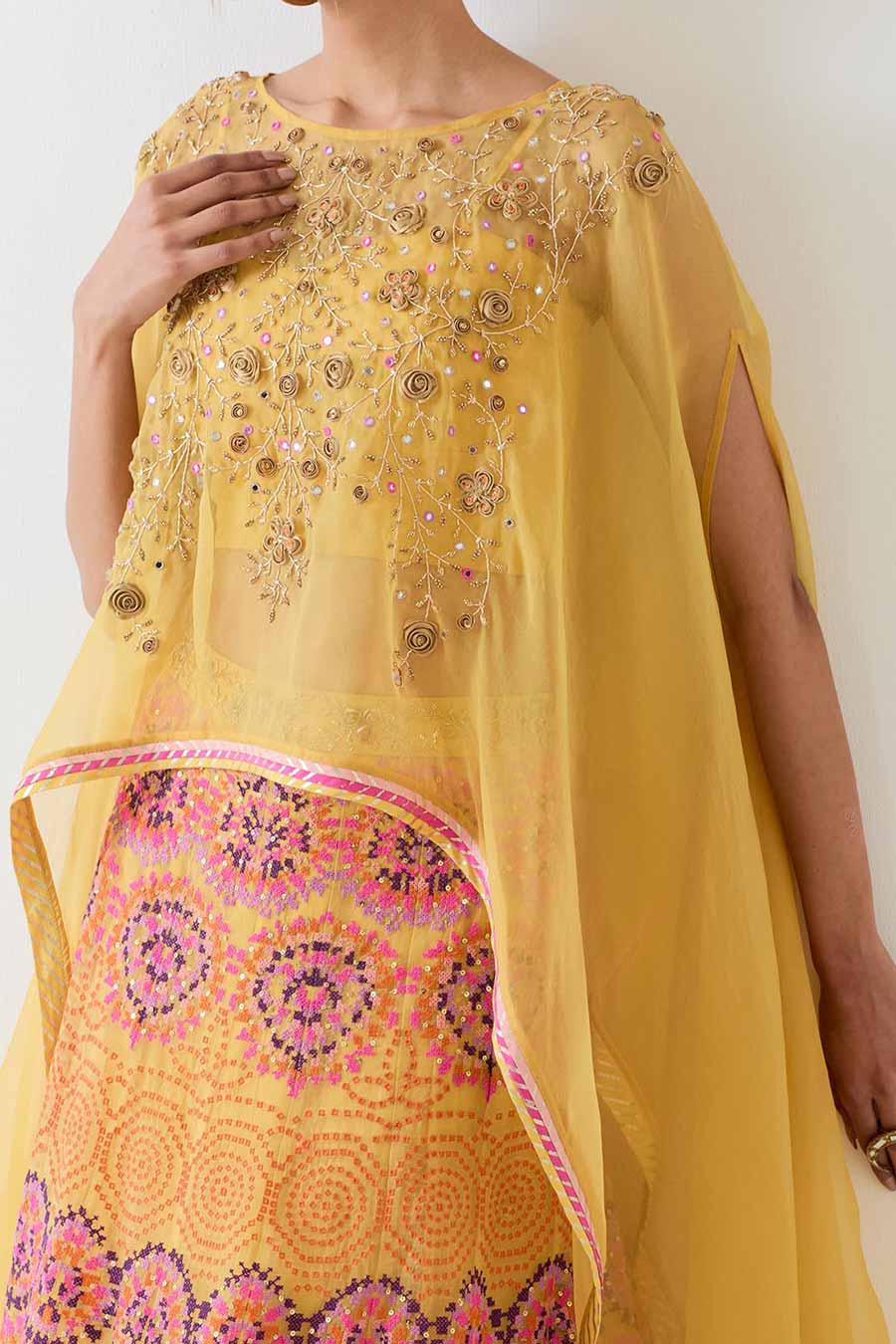 Yellow Embroidered Cape & Cross Stitch Lehenga Skirt Set