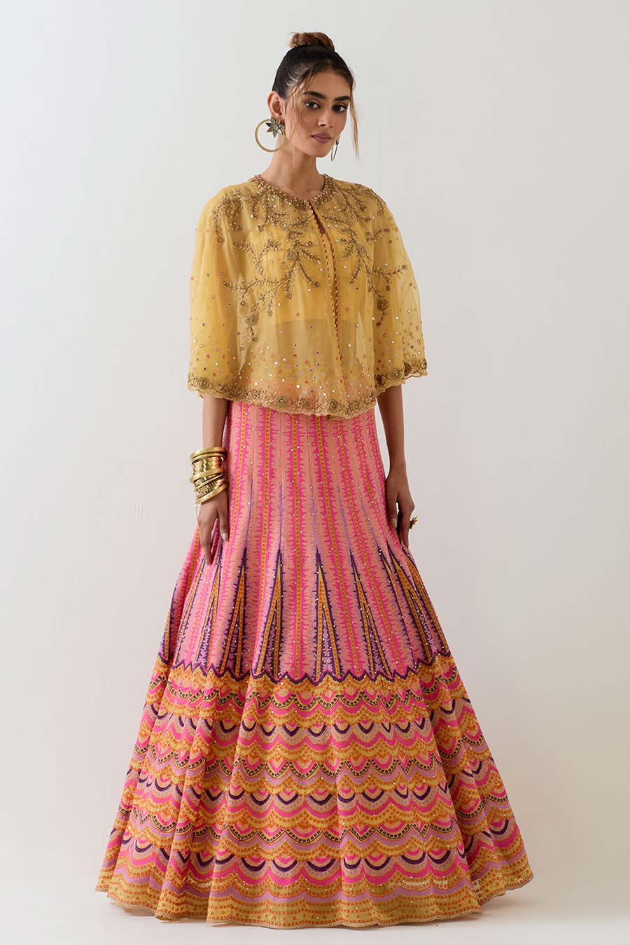 Yellow Embroidered Cape & Cross Stitch Lehenga Skirt Set