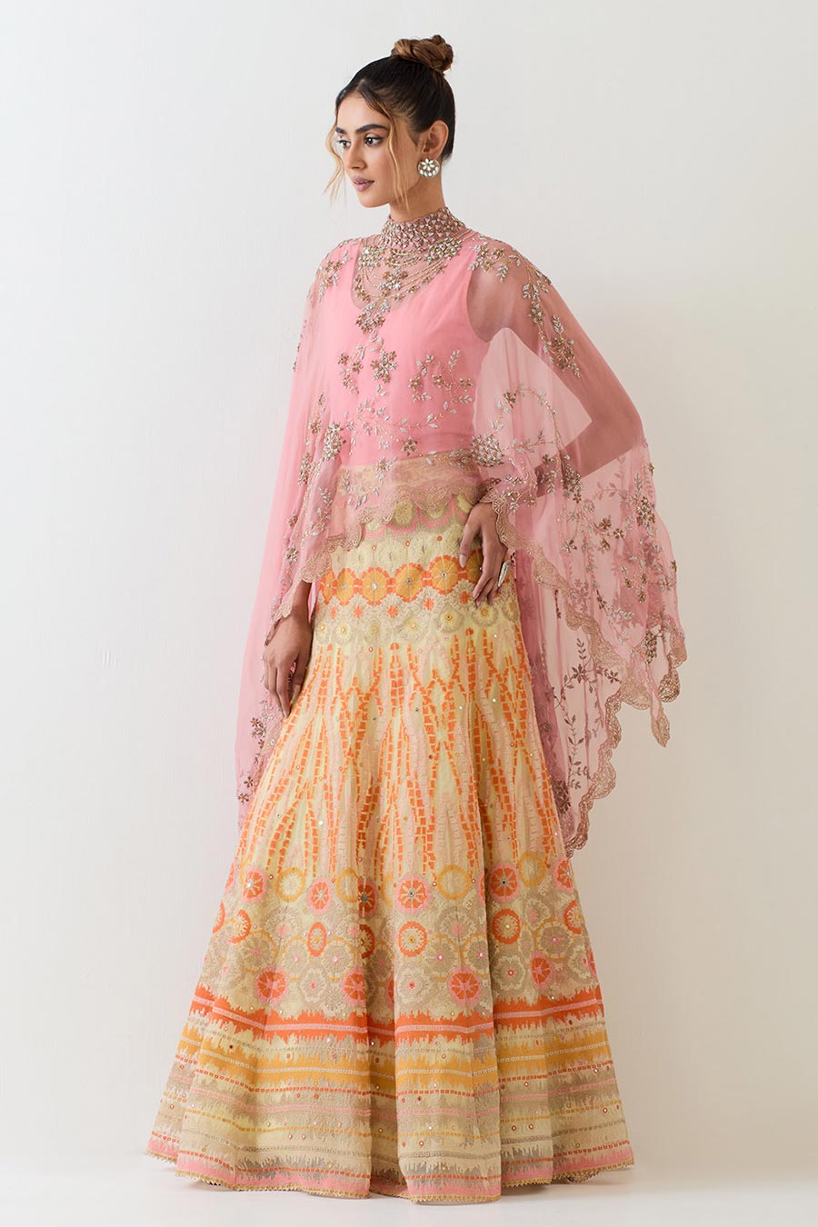 Pink Embroidered Cape & Cross Stitch Lehenga Skirt Set