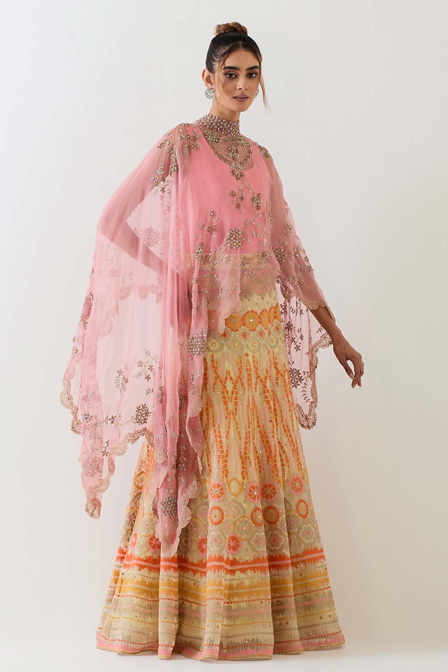 Pink Embroidered Cape & Cross Stitch Lehenga Skirt Set
