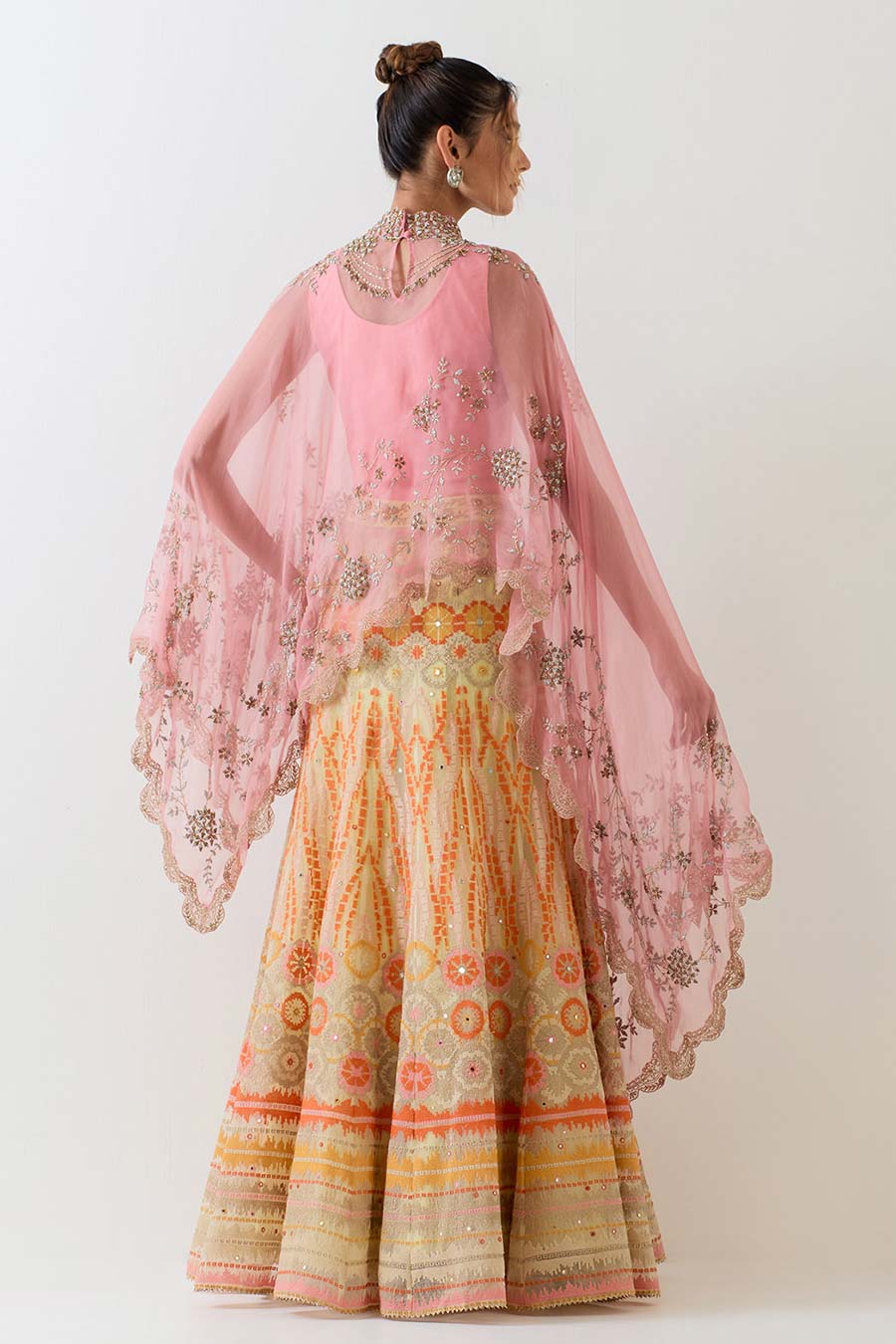 Pink Embroidered Cape & Cross Stitch Lehenga Skirt Set