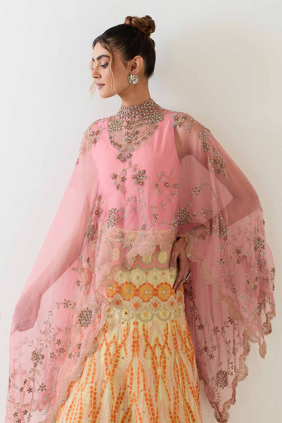 Pink Embroidered Cape & Cross Stitch Lehenga Skirt Set