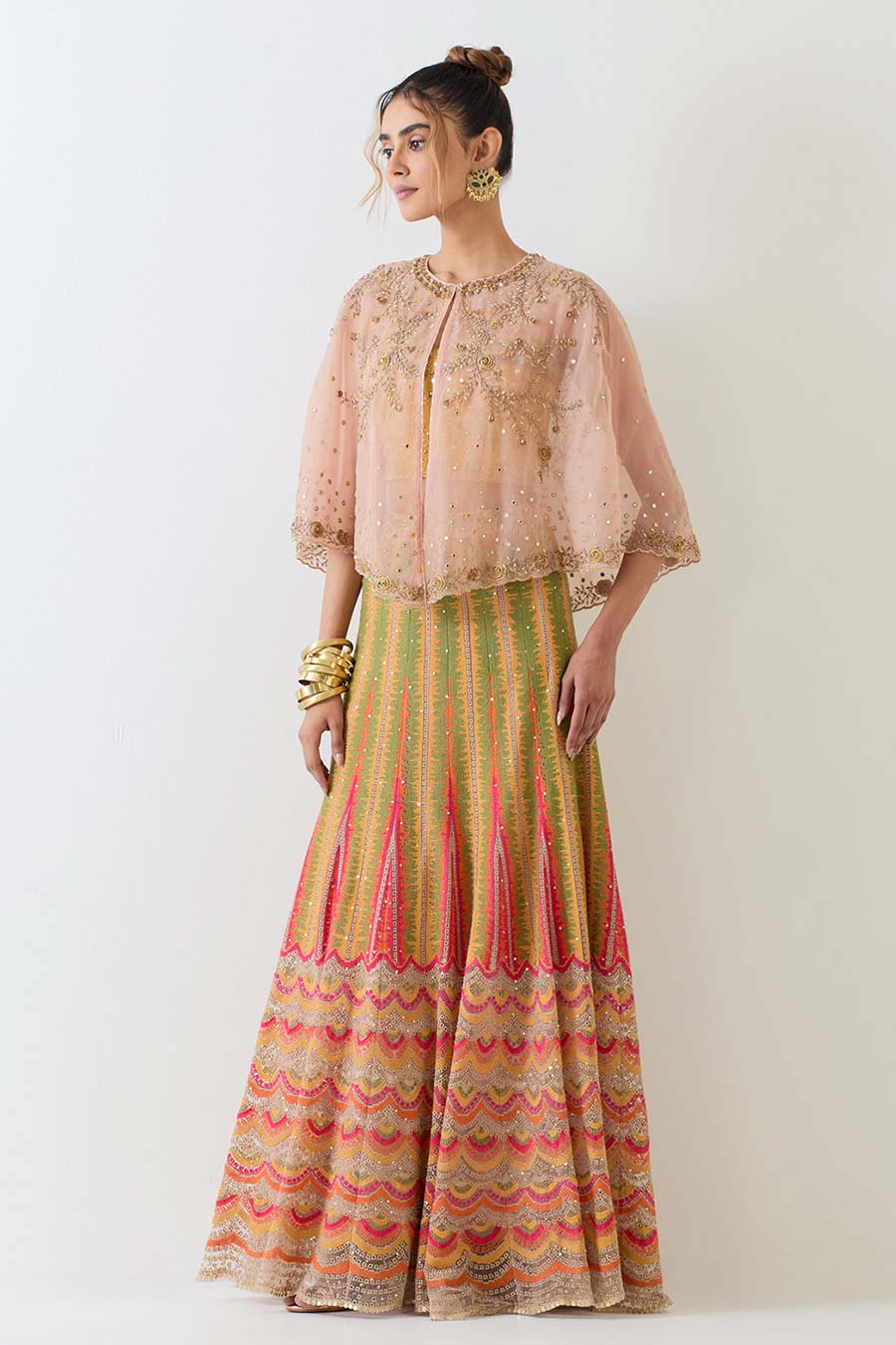 Pink Embroidered Cape & Cross Stitch Lehenga Skirt Set