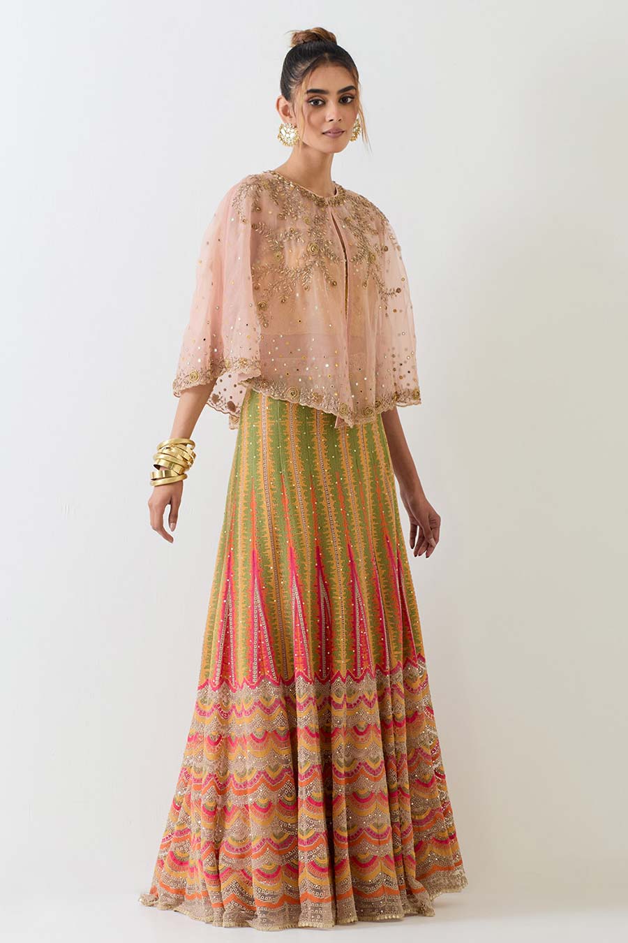 Pink Embroidered Cape & Cross Stitch Lehenga Skirt Set