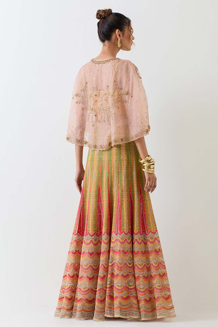 Pink Embroidered Cape & Cross Stitch Lehenga Skirt Set