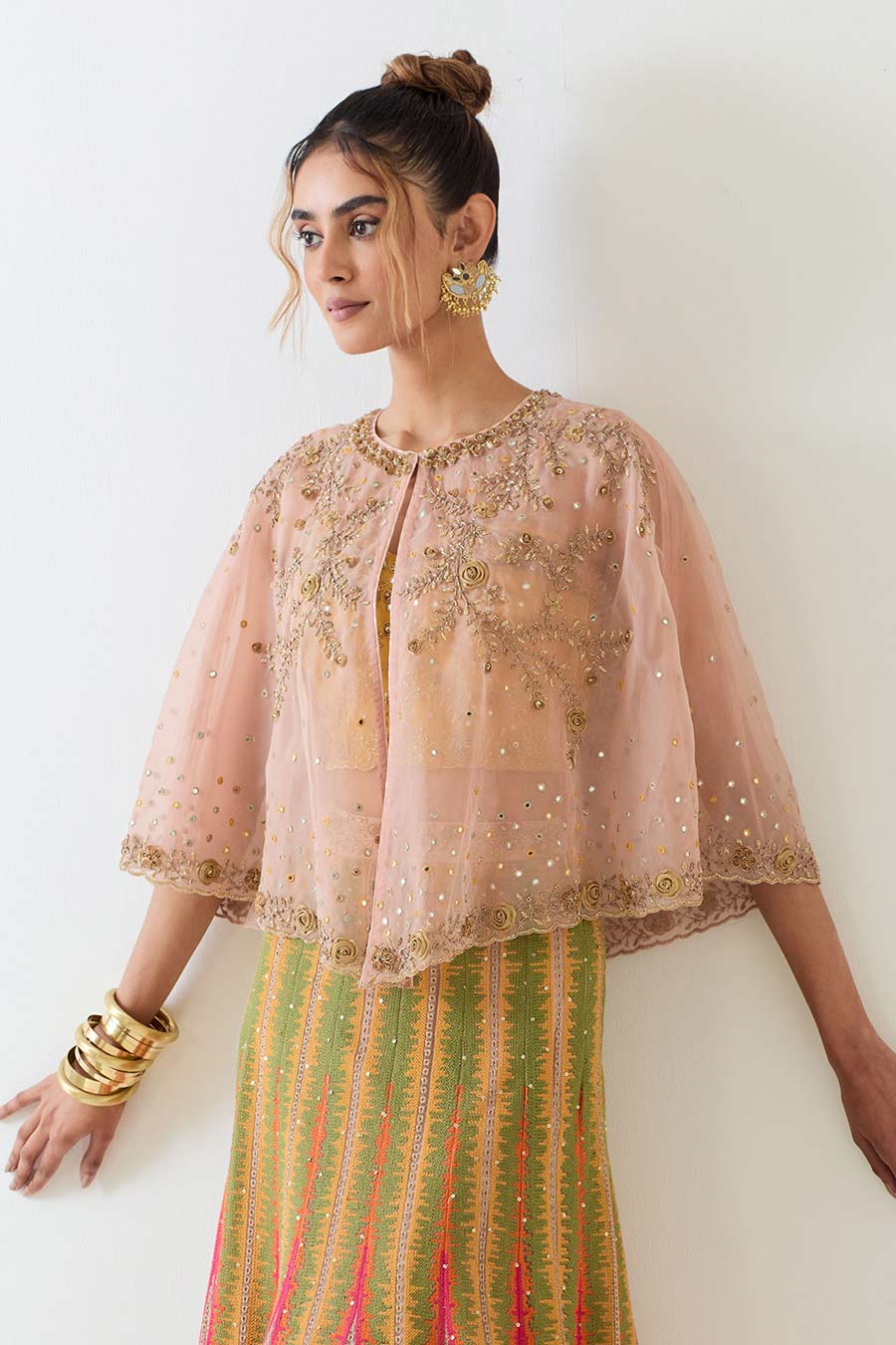 Pink Embroidered Cape & Cross Stitch Lehenga Skirt Set