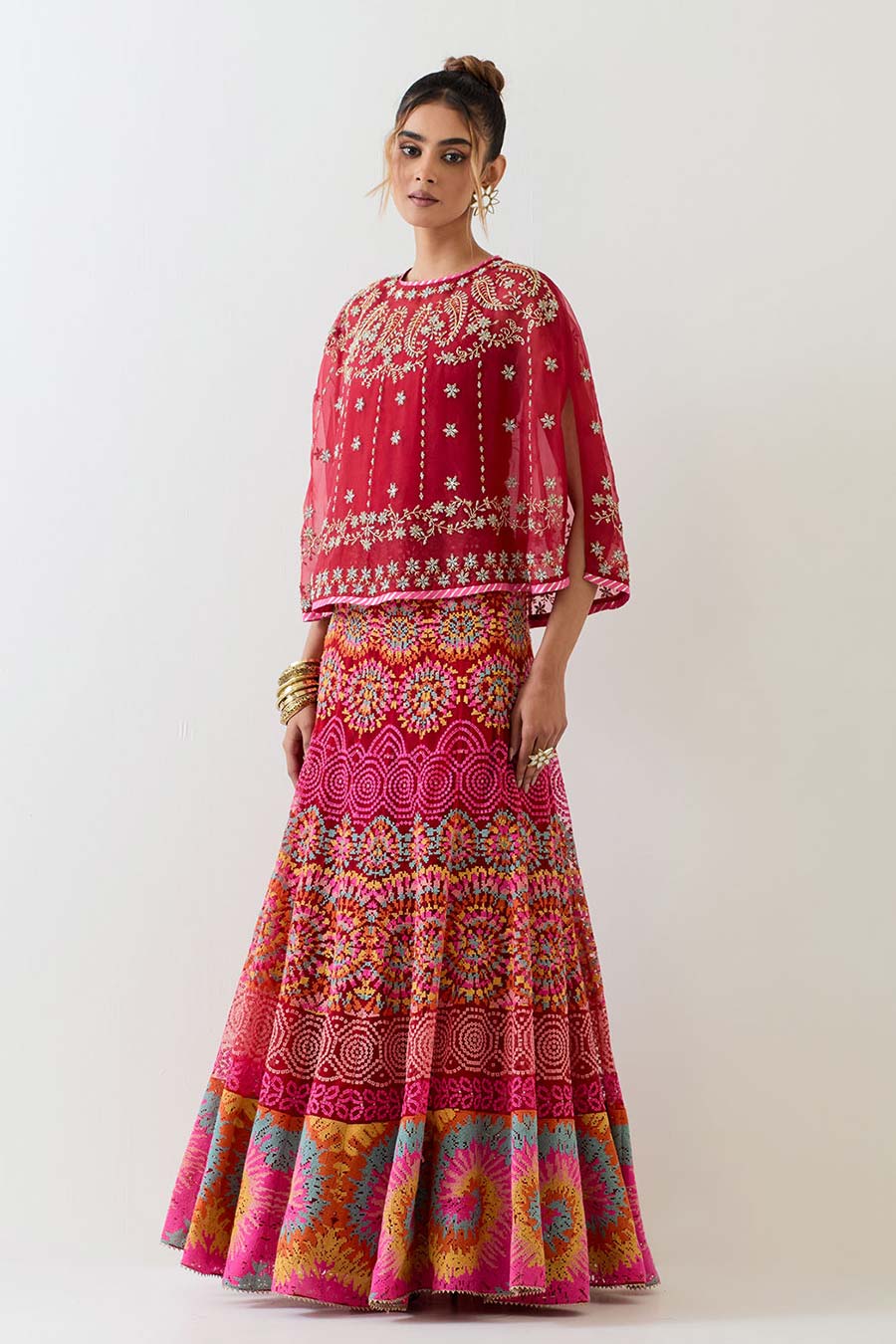 Red Embroidered Cape & Cross Stitch Lehenga Skirt Set