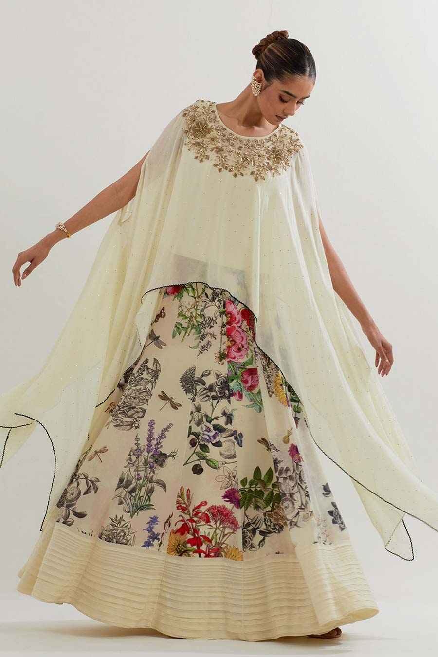 Embroidered Georgette Cape & Printed Skirt Set
